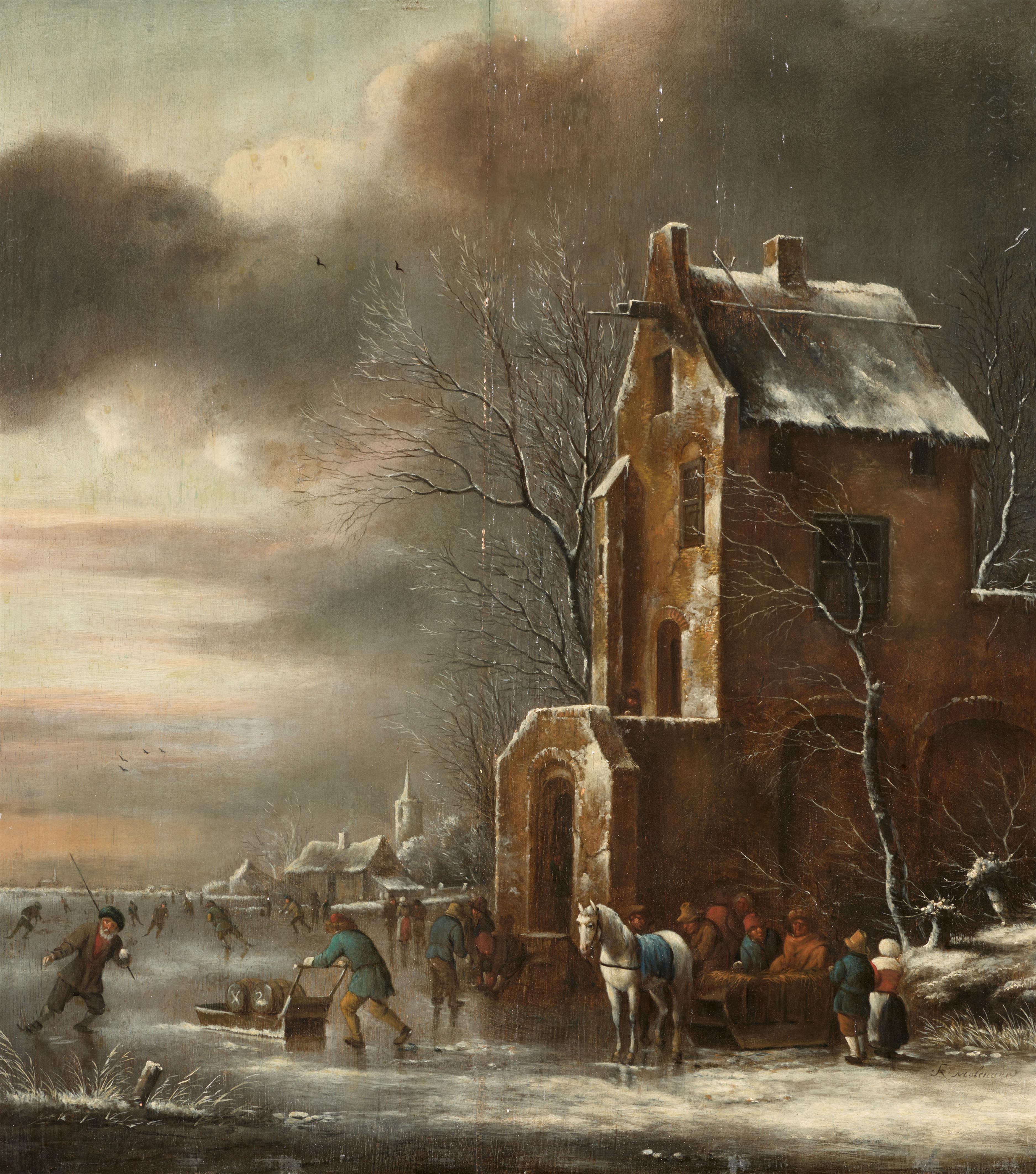 Klaes (Nicolaes) Molenaer - Winter Landscape with Skaters by a City - image-1