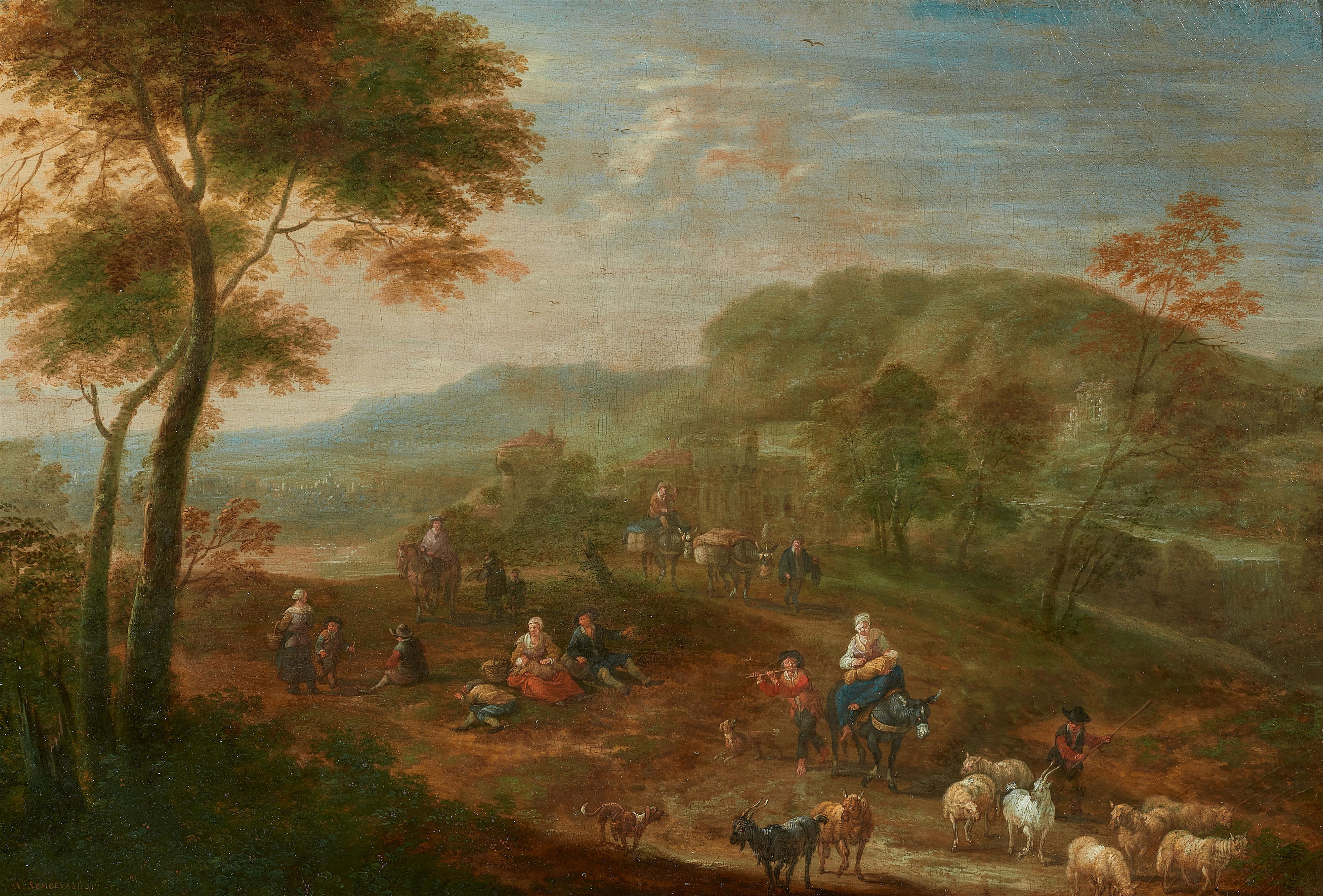 Mathys Schoevaerdts - Wooded Landscape with a Shepherd and his Flock and Travellers - image-1