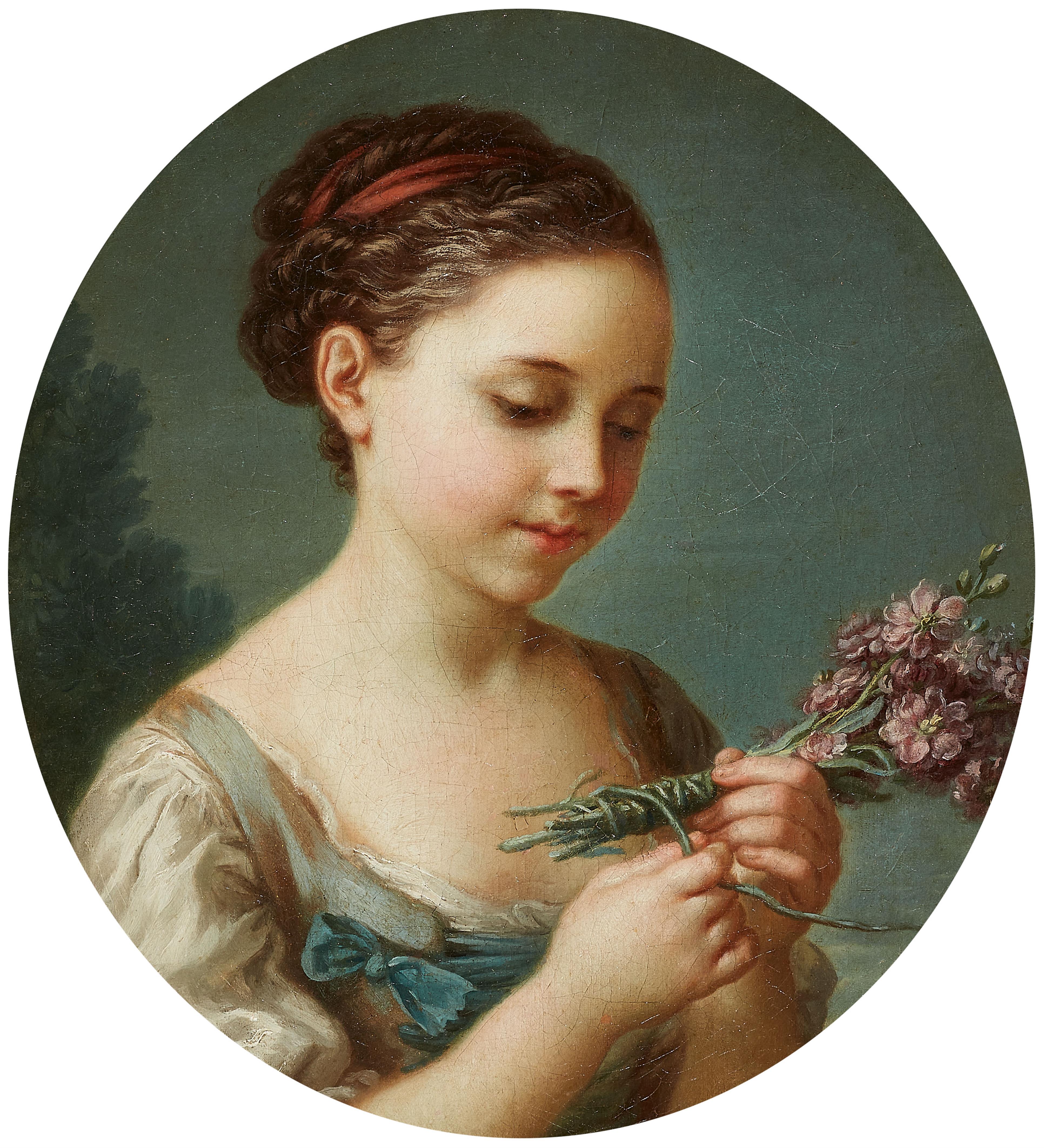 French School 18th Century - Young Girl, Binding Flowers - image-1