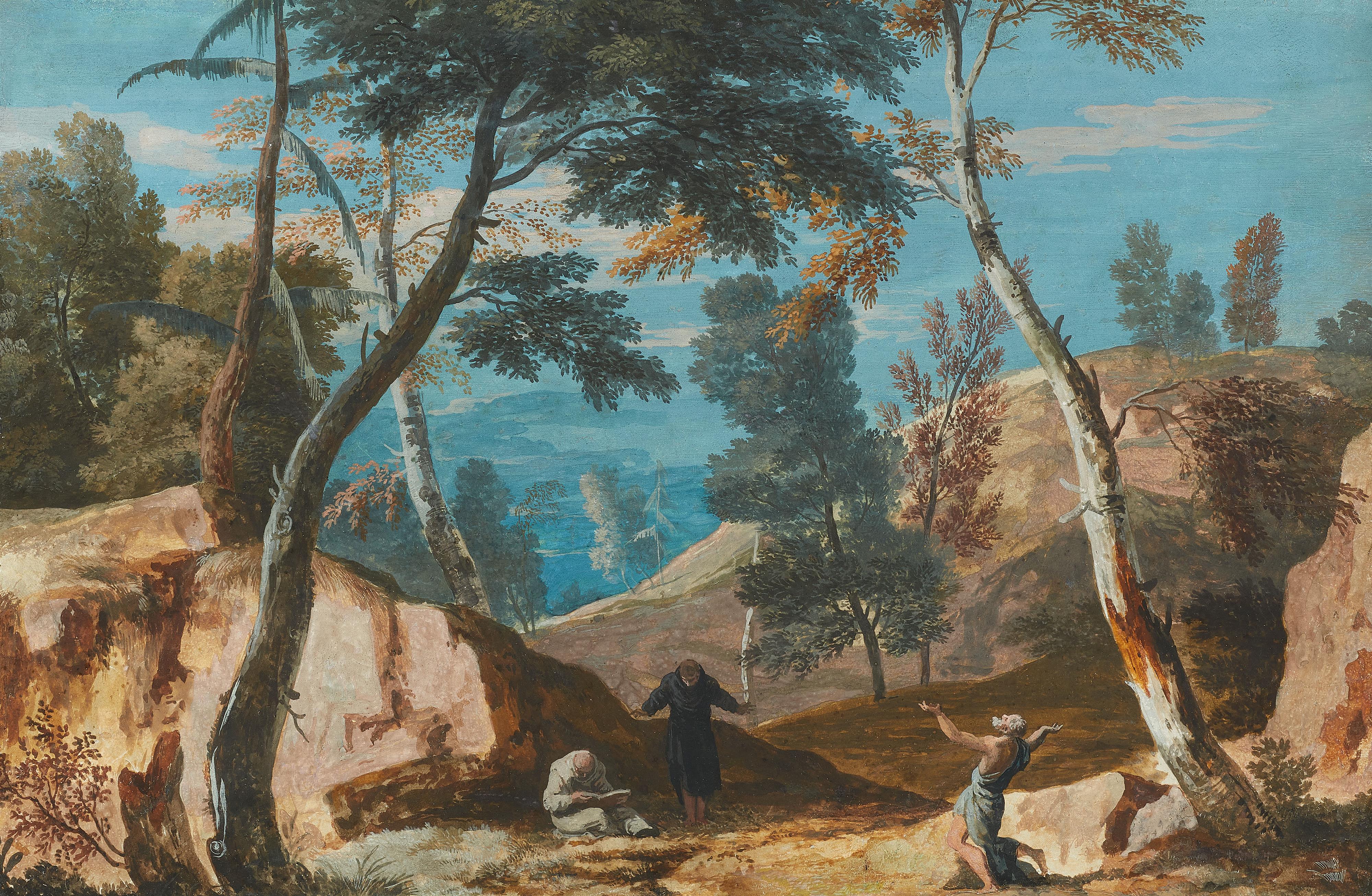 Marco Ricci - Mountainous landscape with two monks and a hermit - image-1