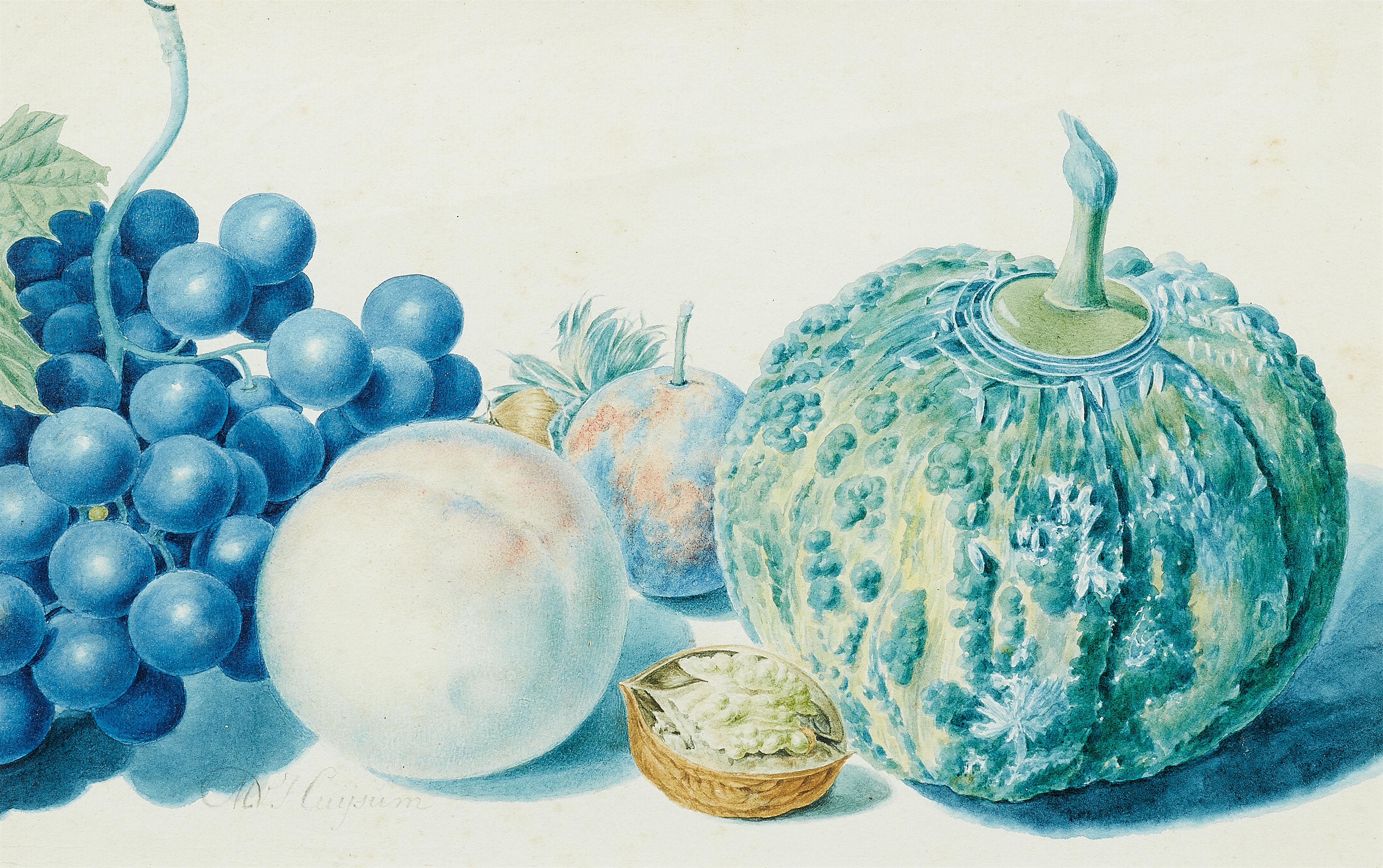 Michiel van Huysum - Stillleben mit Trauben, Pfirsich, Nüssen, einer Pflaume und einem Kürbis - image-1