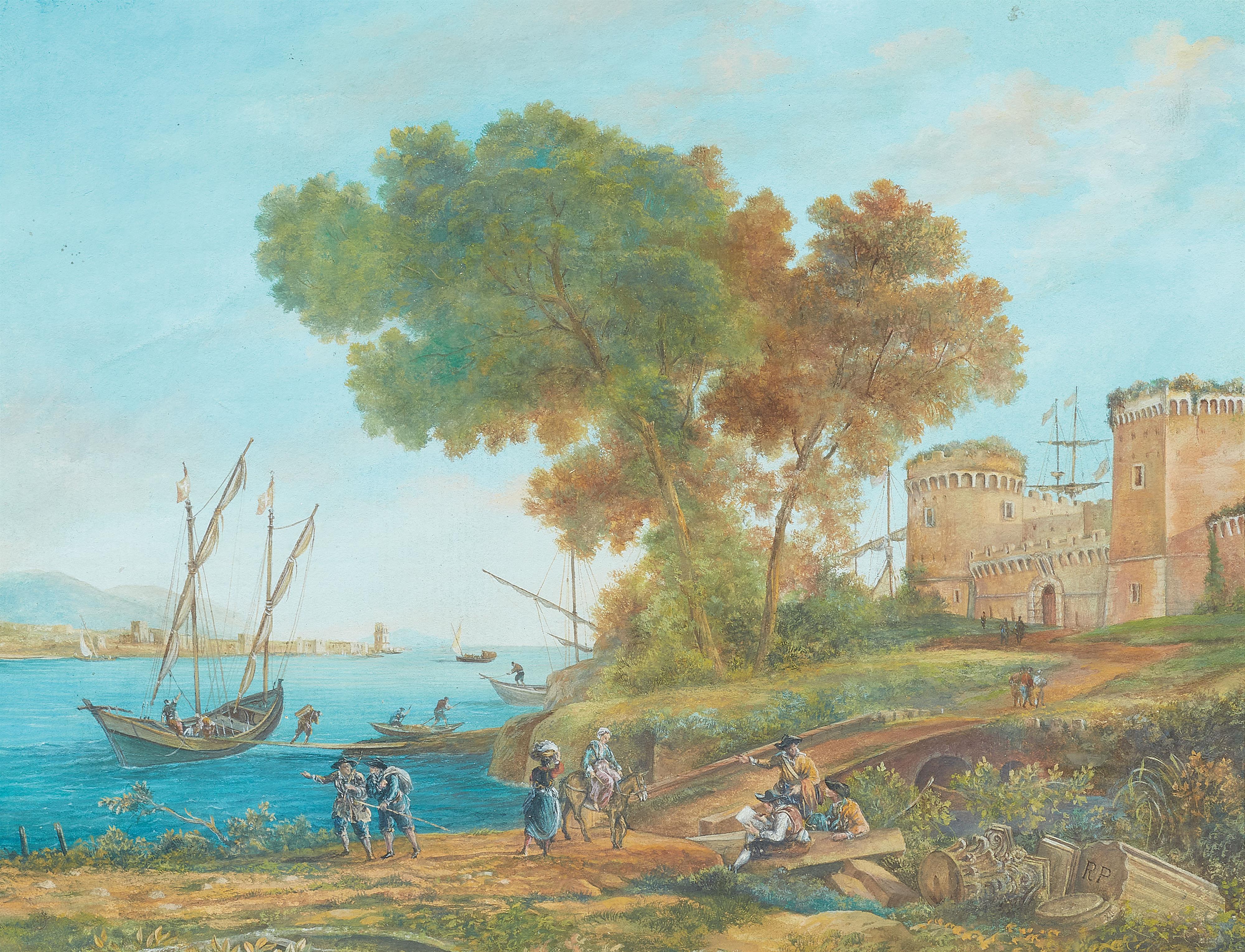 Französischer Meister des 18. Jahrhunderts - Zwei Hafenszenen mit antiken Bauten - image-2