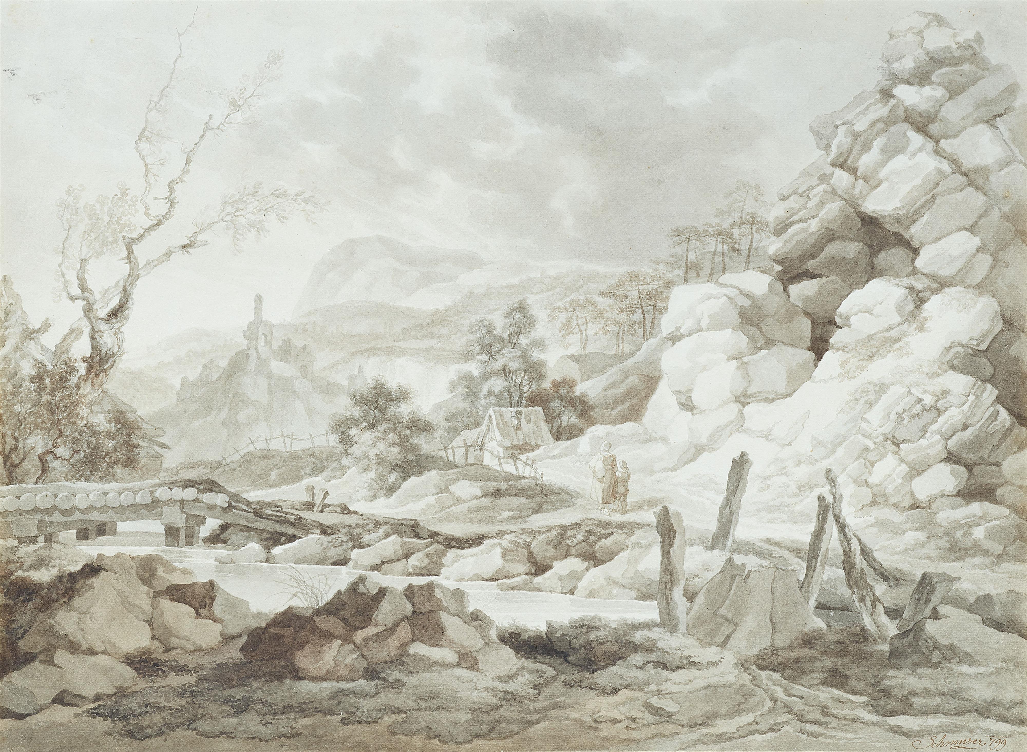 Jakob Mathias Schmutzer - Mountain stream with bridge and figures - image-1