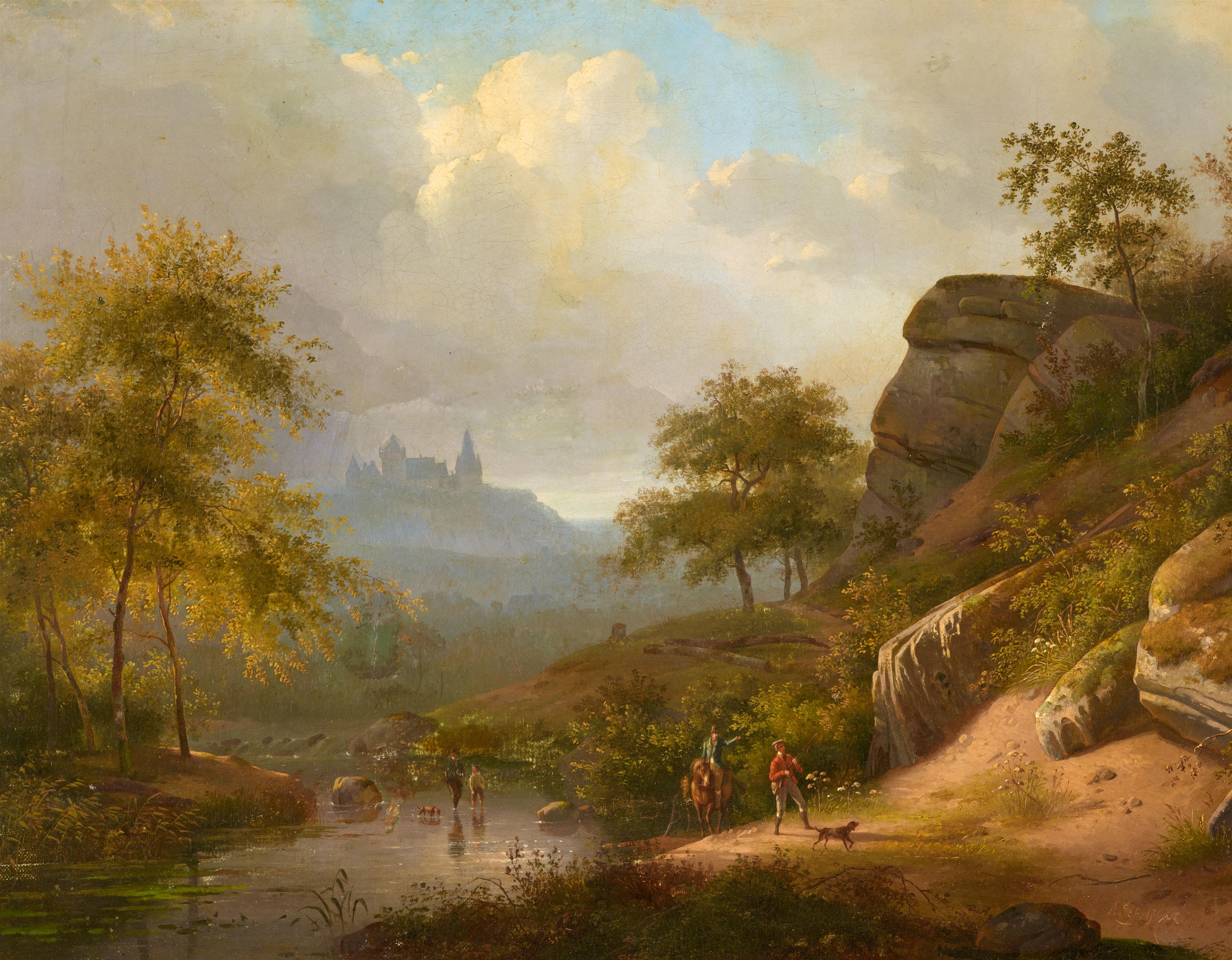 Andreas Schelfhout - Landscape with a Castle and Figures - image-1