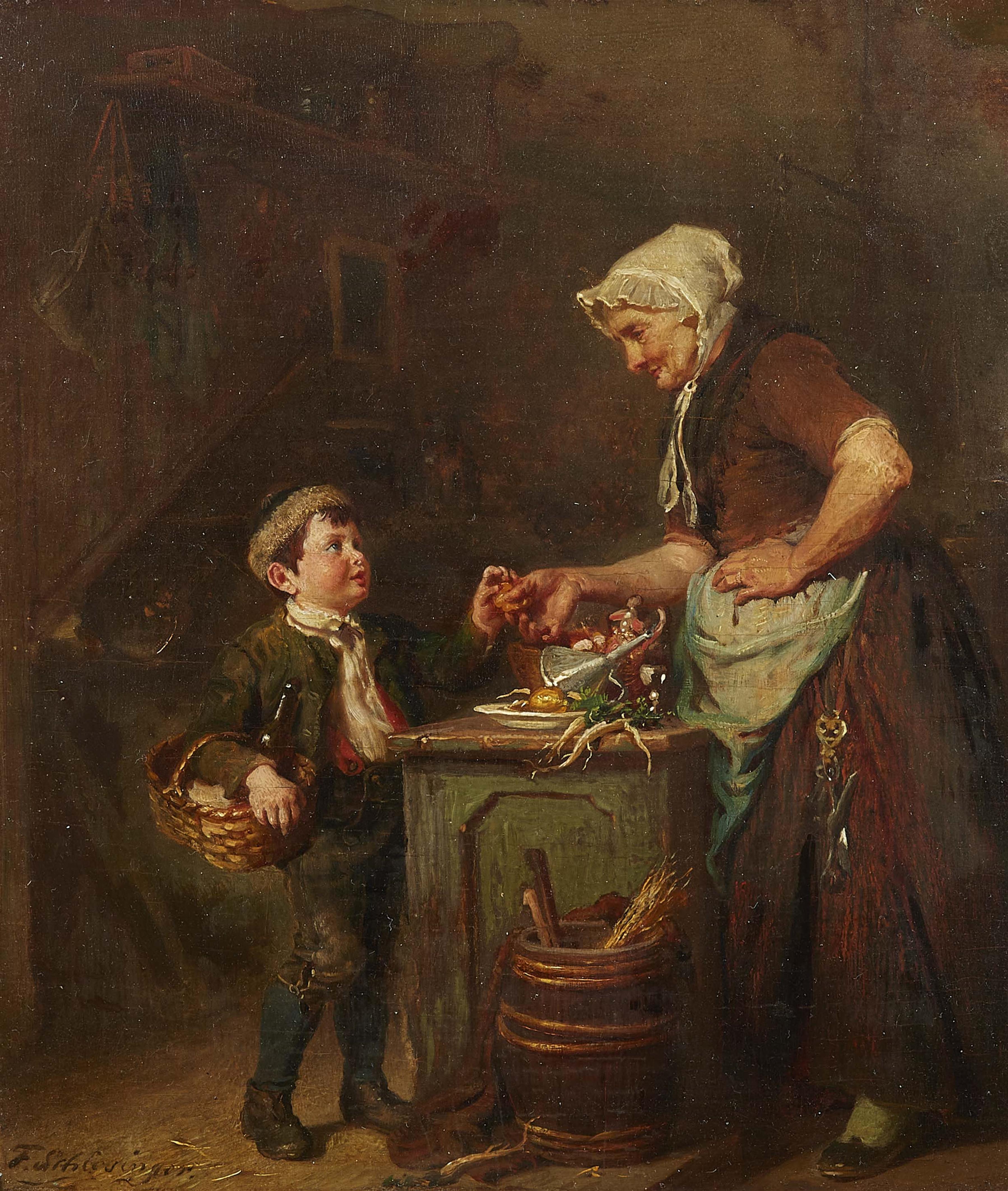 Felix Schlesinger - Interior Scene with a Merchant and a Young Customer - image-1