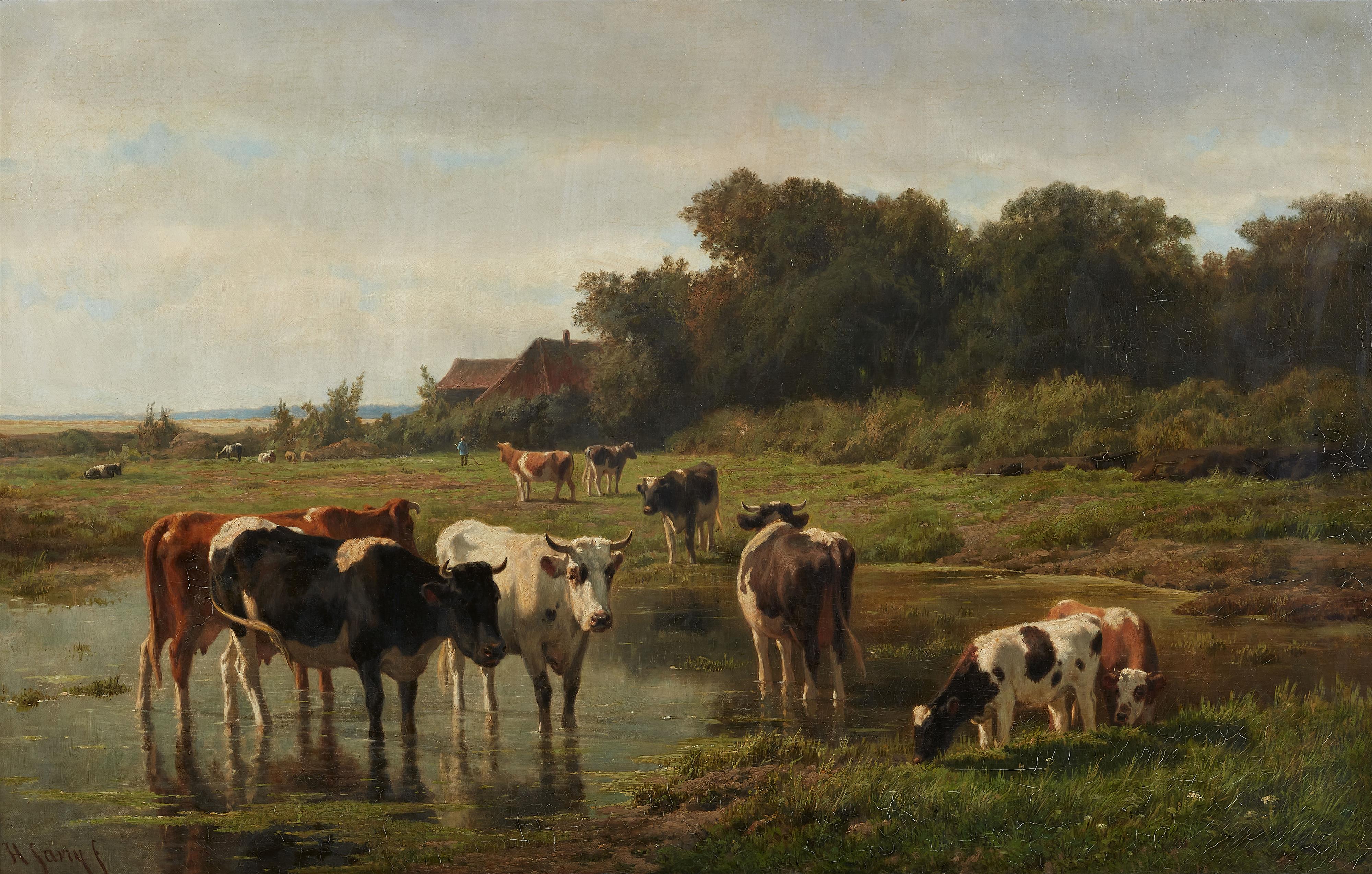 Hendrik Savry - Cows at the Watering Place - image-1