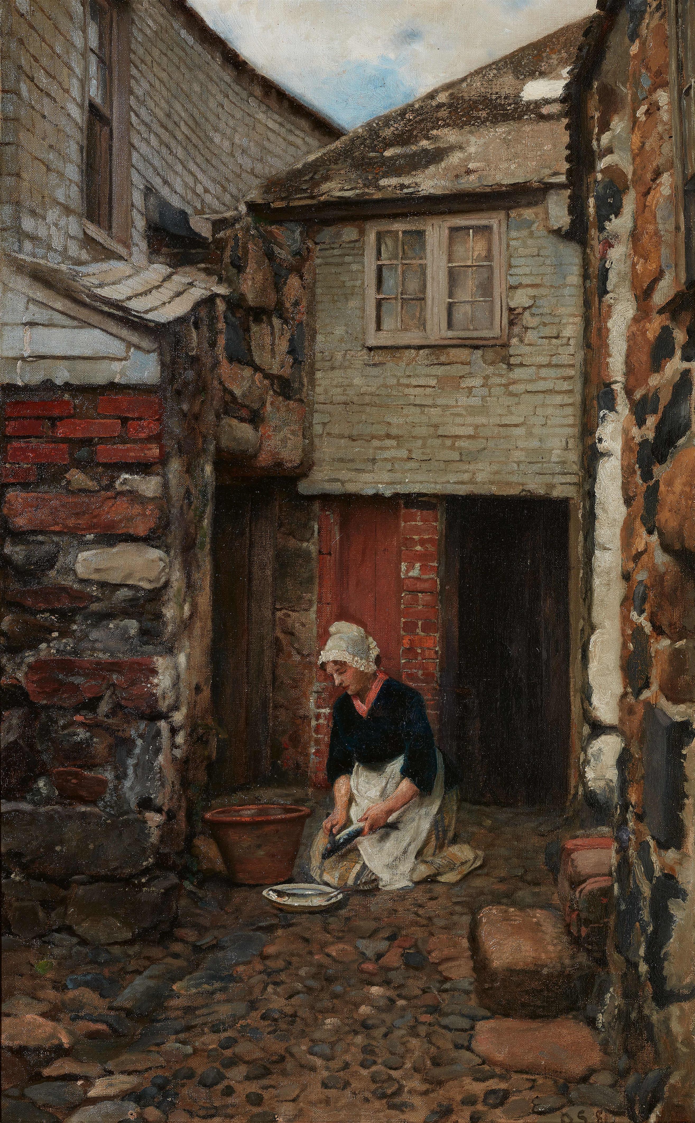 Otto Scholderer - Old Courtyard in Cornwall (Maid Cleaning Fish) - image-1