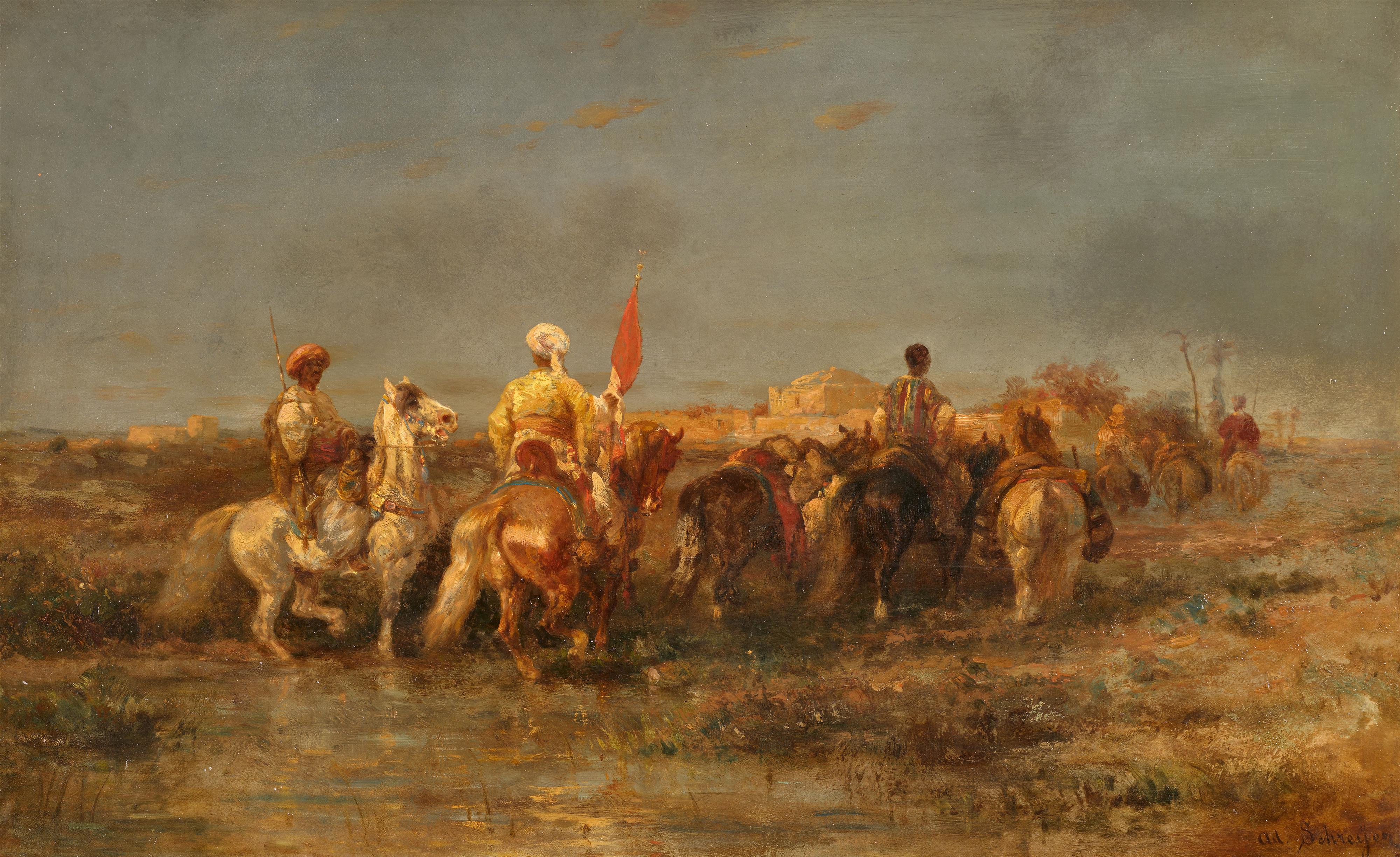 Adolf Schreyer - Mounted Orientals in front of a town - image-1