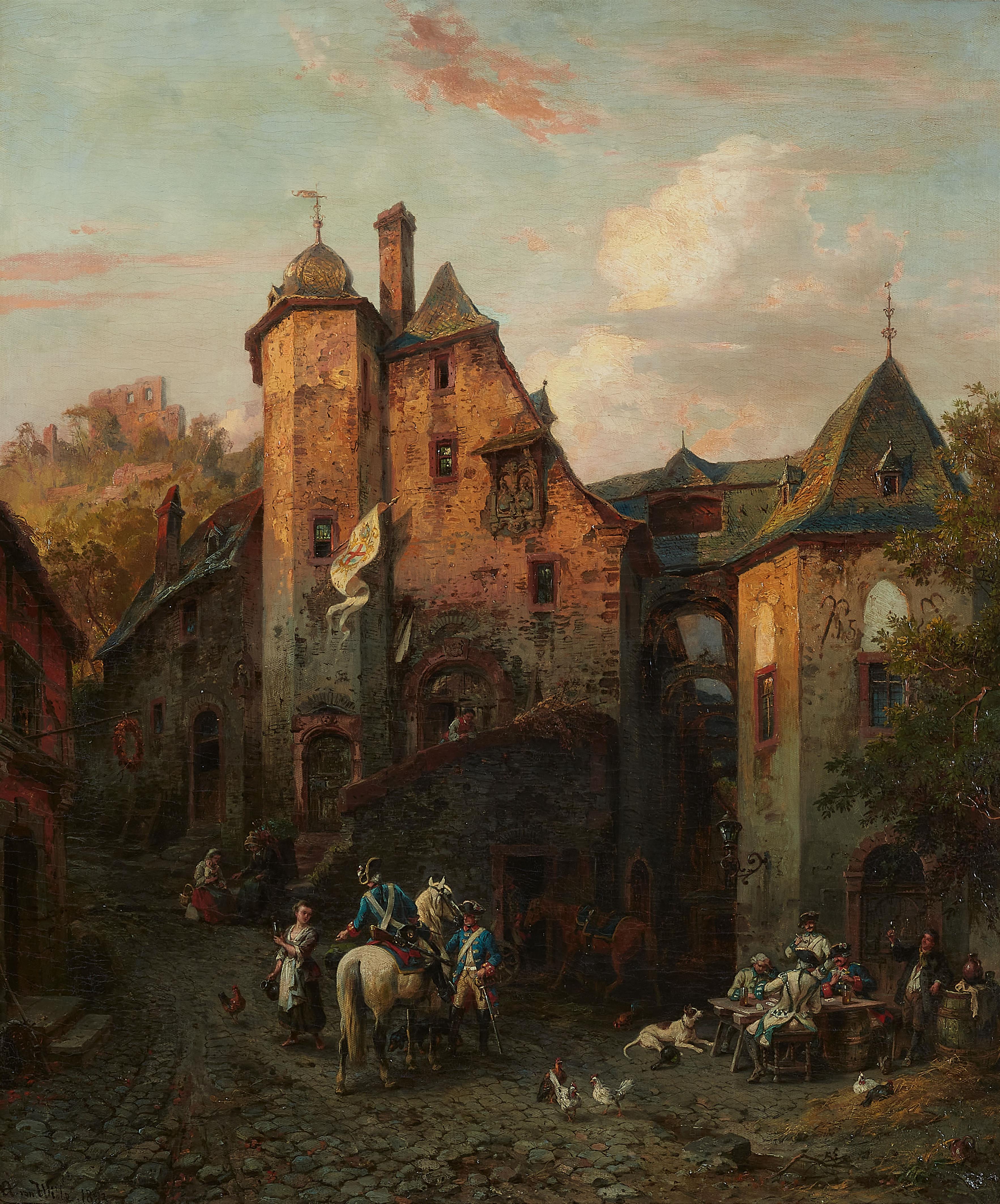 August von Wille - View of Beilstein with Soldiers by a Tavern - image-1