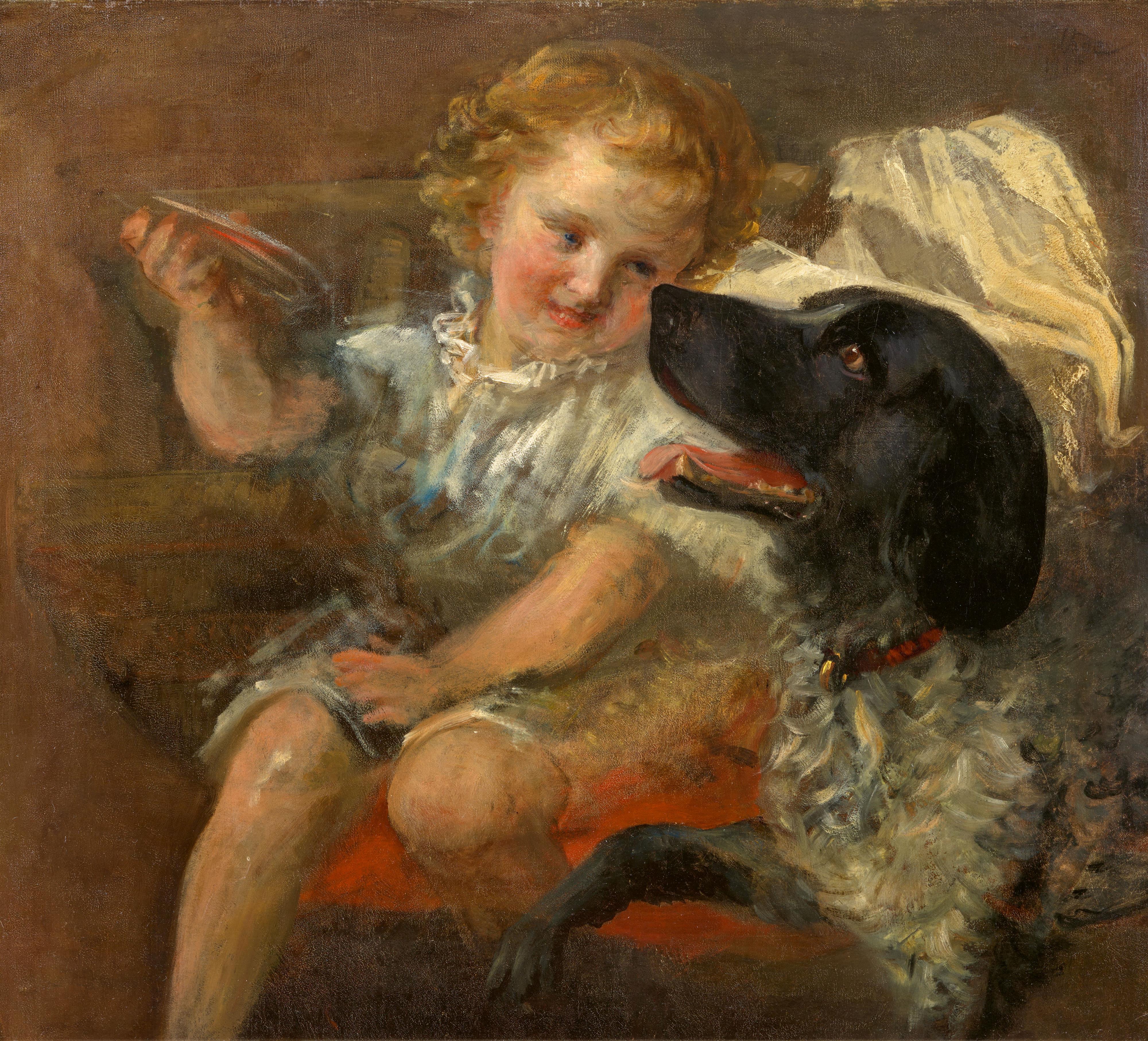 Fritz von Uhde - Mädchen mit einem Hund spielend (wohl Sophie, die jüngste Tochter des Künstlers) - image-1