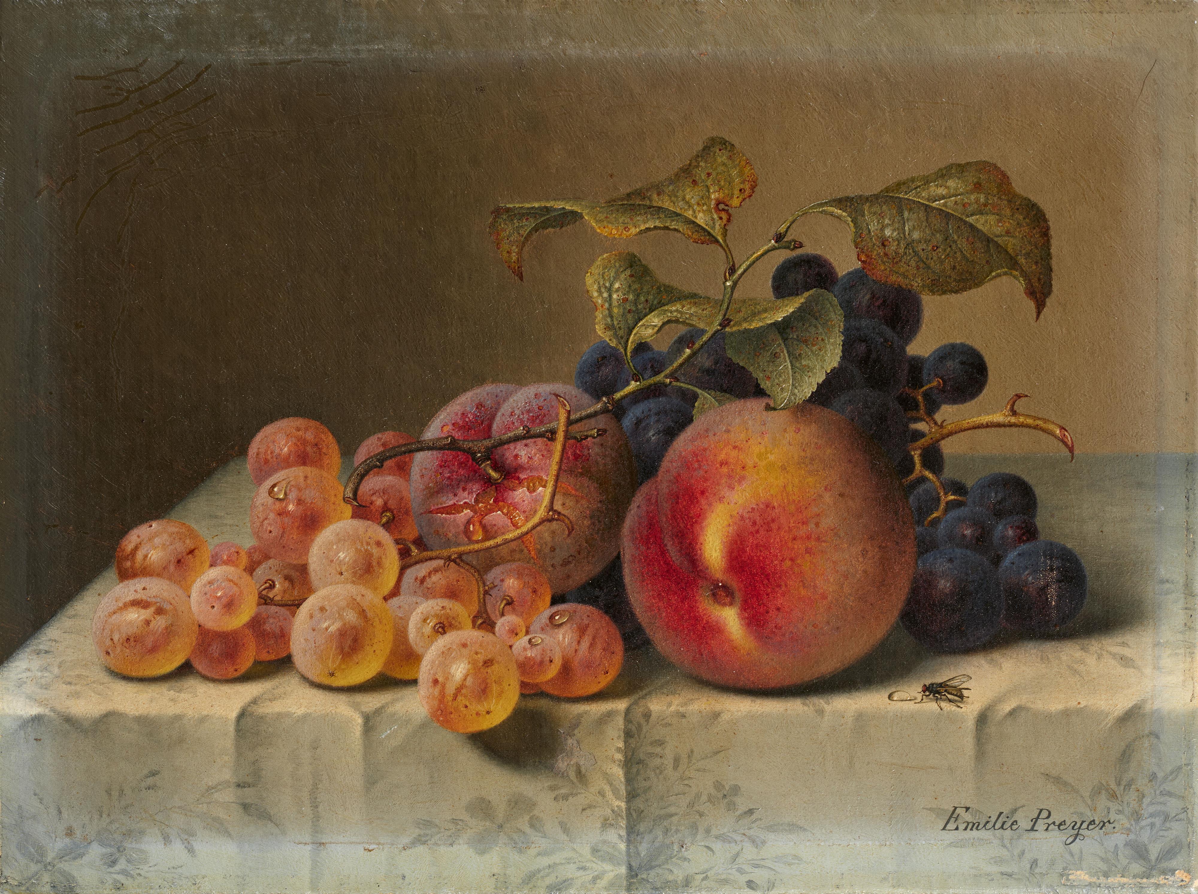 Emilie Preyer - Still Life with Peaches and Grapes on White Tablecloth - image-1