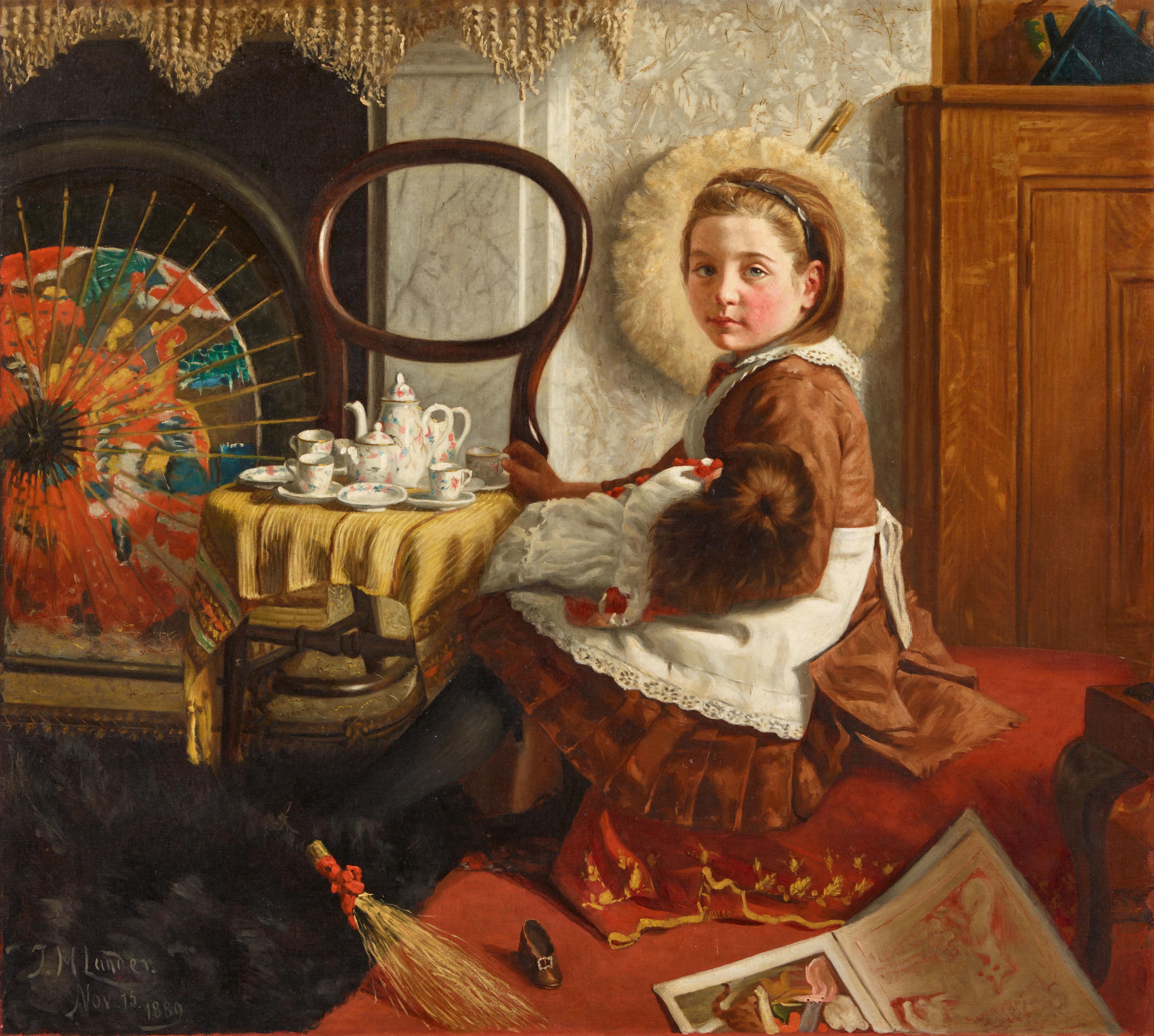 John St. Helier Lander - Portrait of Elsie Esther Cornish, aged 7, seated at a table with her doll and tea set - image-1
