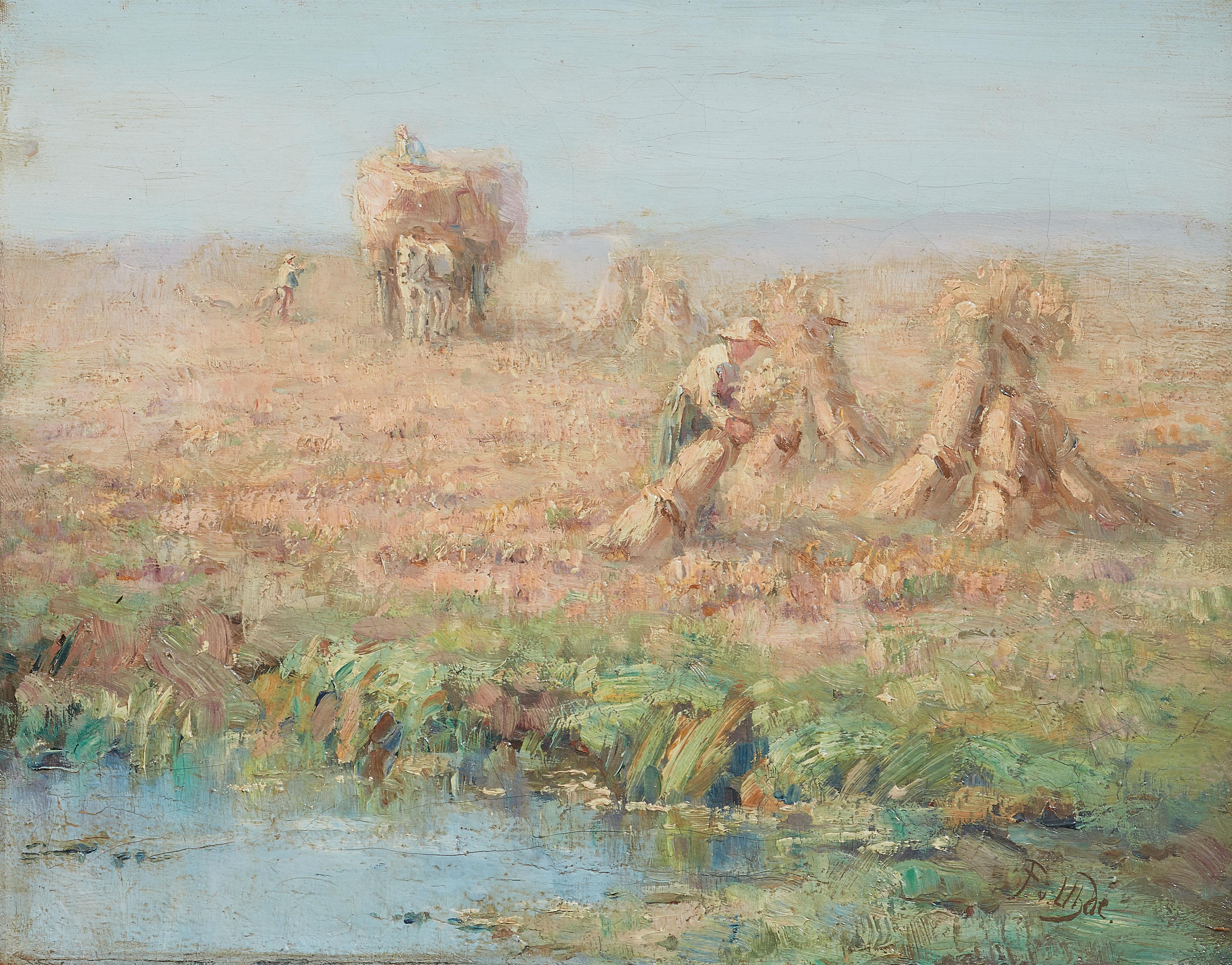 Fritz von Uhde - Grain Harvest with Small Pond in the Foreground - image-1