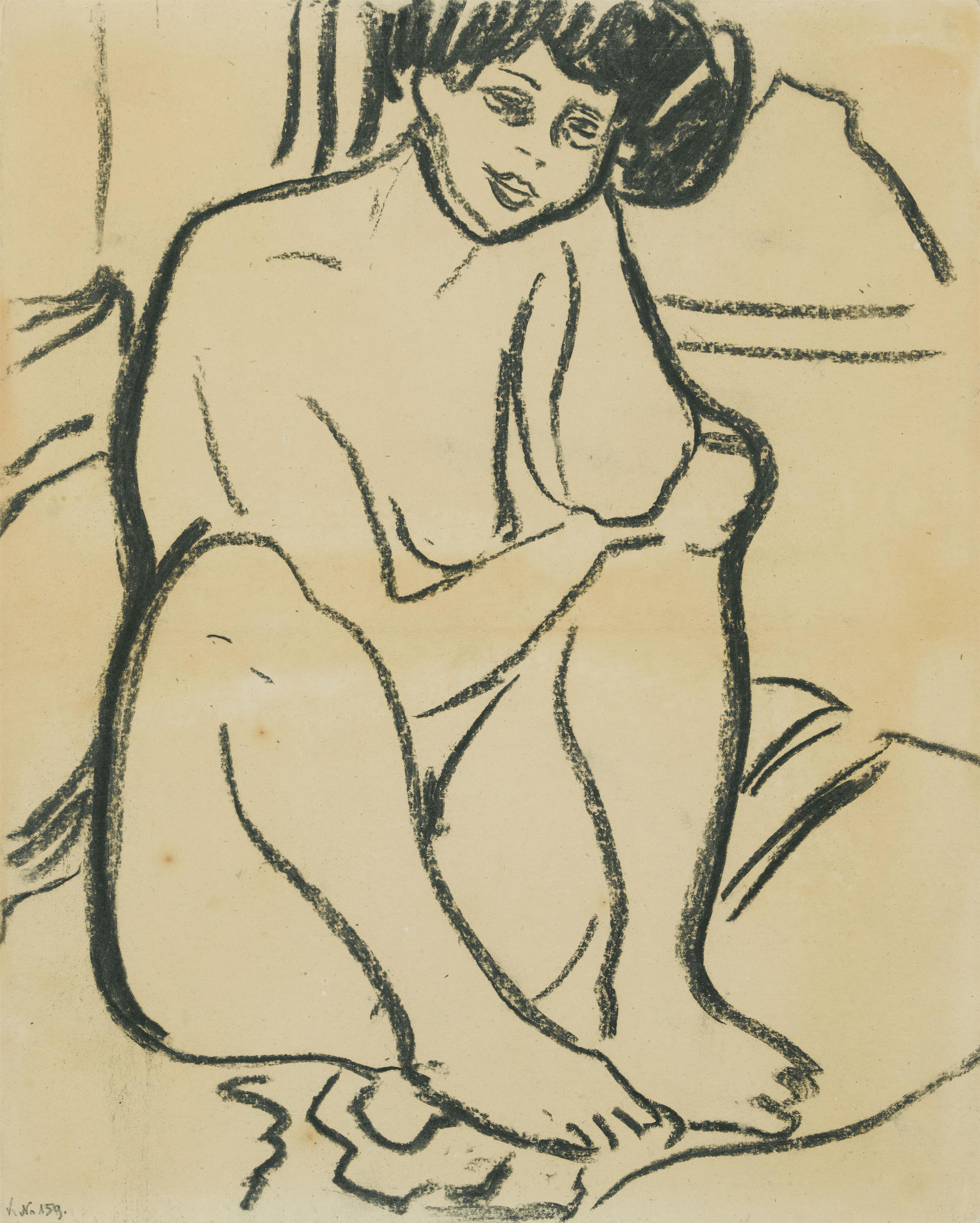 Ernst Ludwig Kirchner - Dodo, nackt am Boden sitzend. Verso same motif - image-1