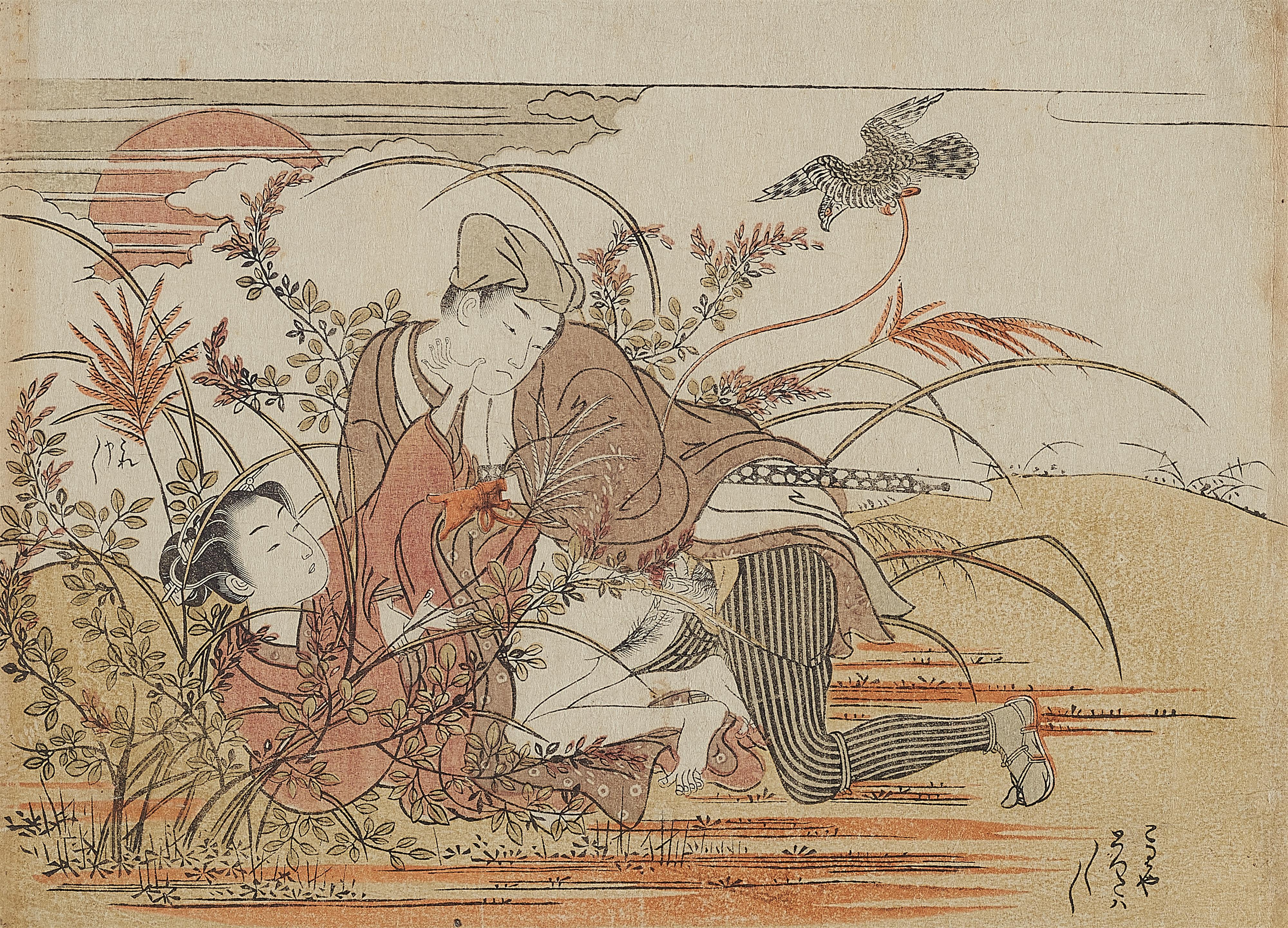 Isoda Koryûsai - A young woman assaulted by a falconer - image-1