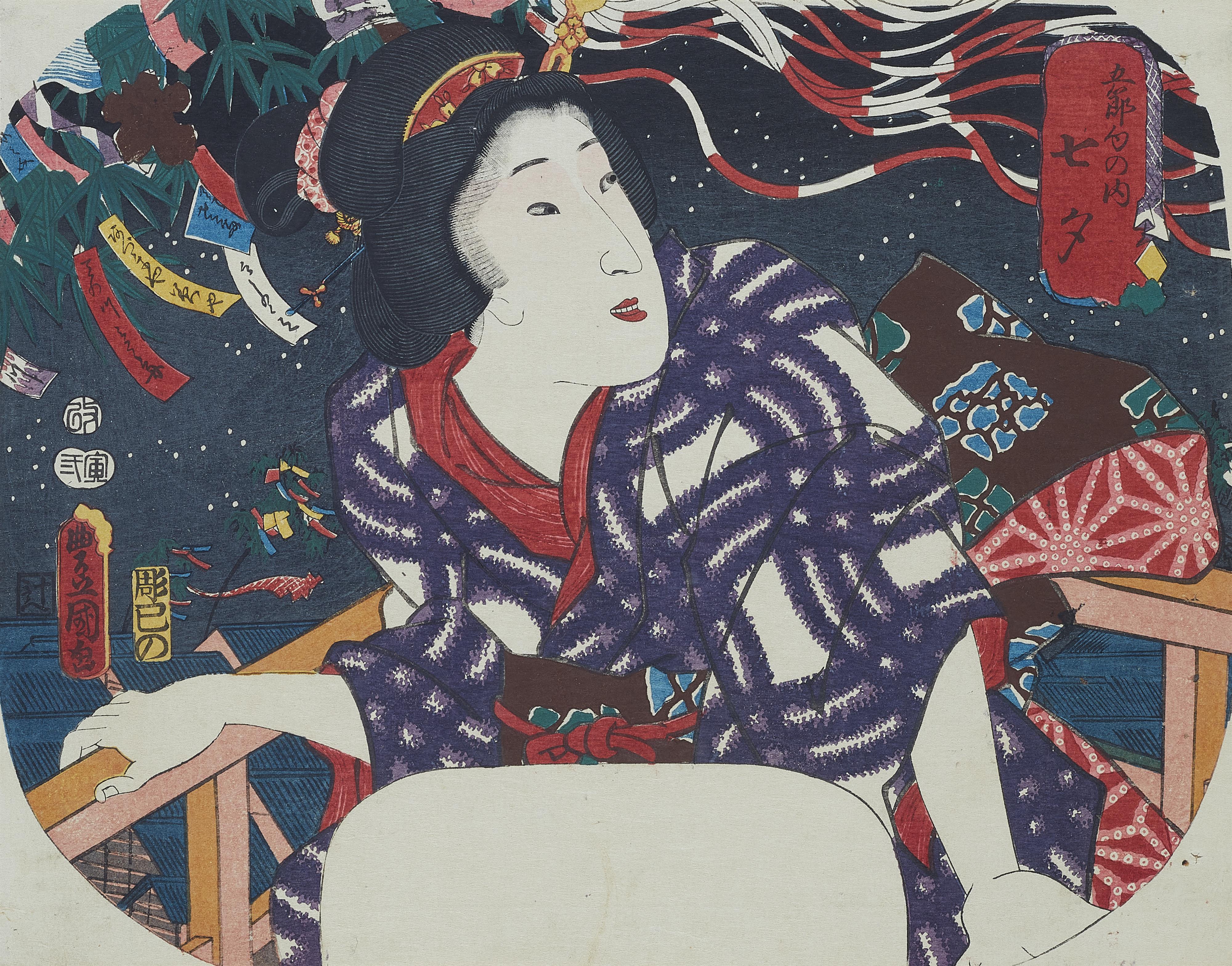 Kunisada Utagawa - Eine junge Frau abends auf einem Dach - image-1