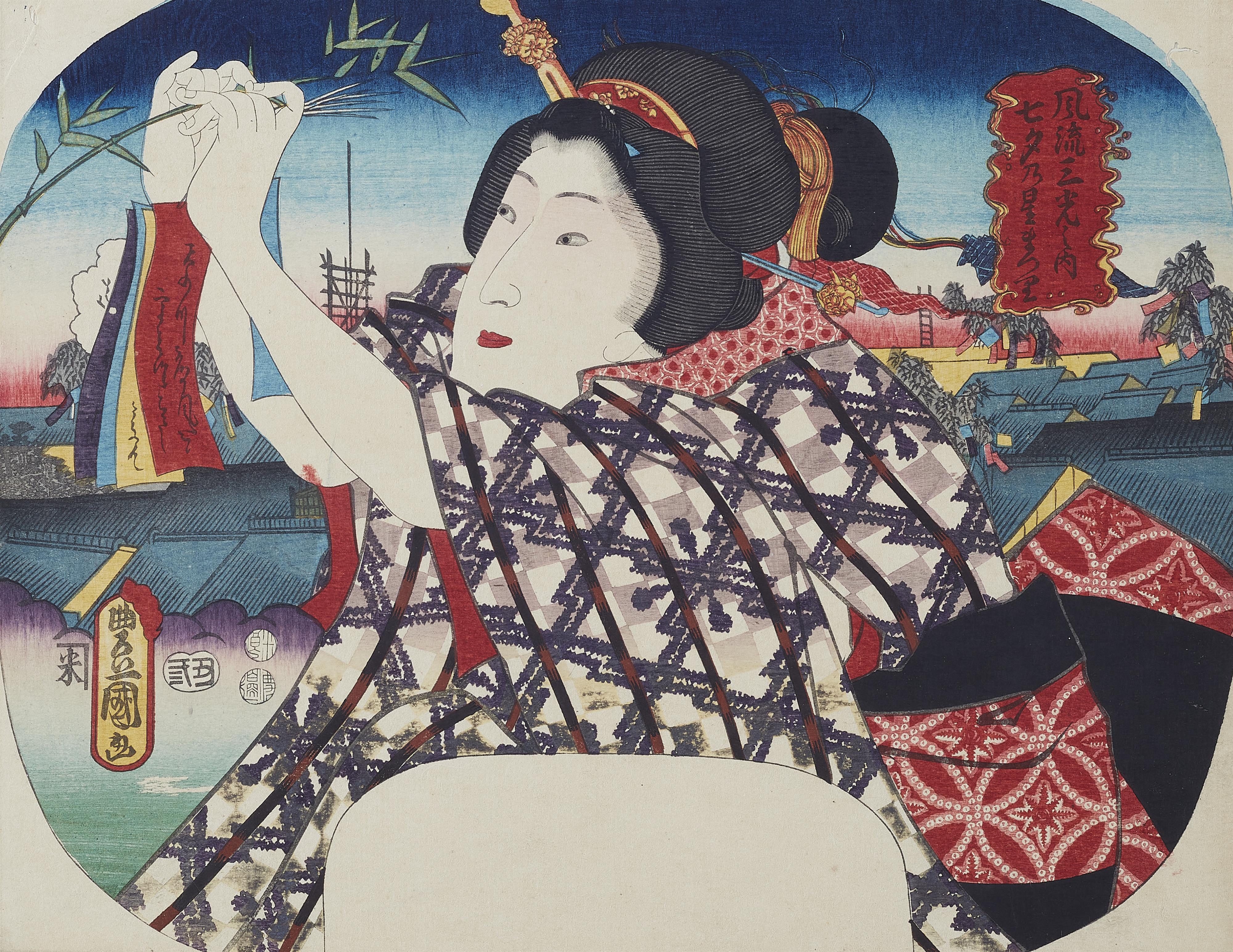 Utagawa Kunisada - A young woman decorating her roof with poems for the Tanabata festival - image-1