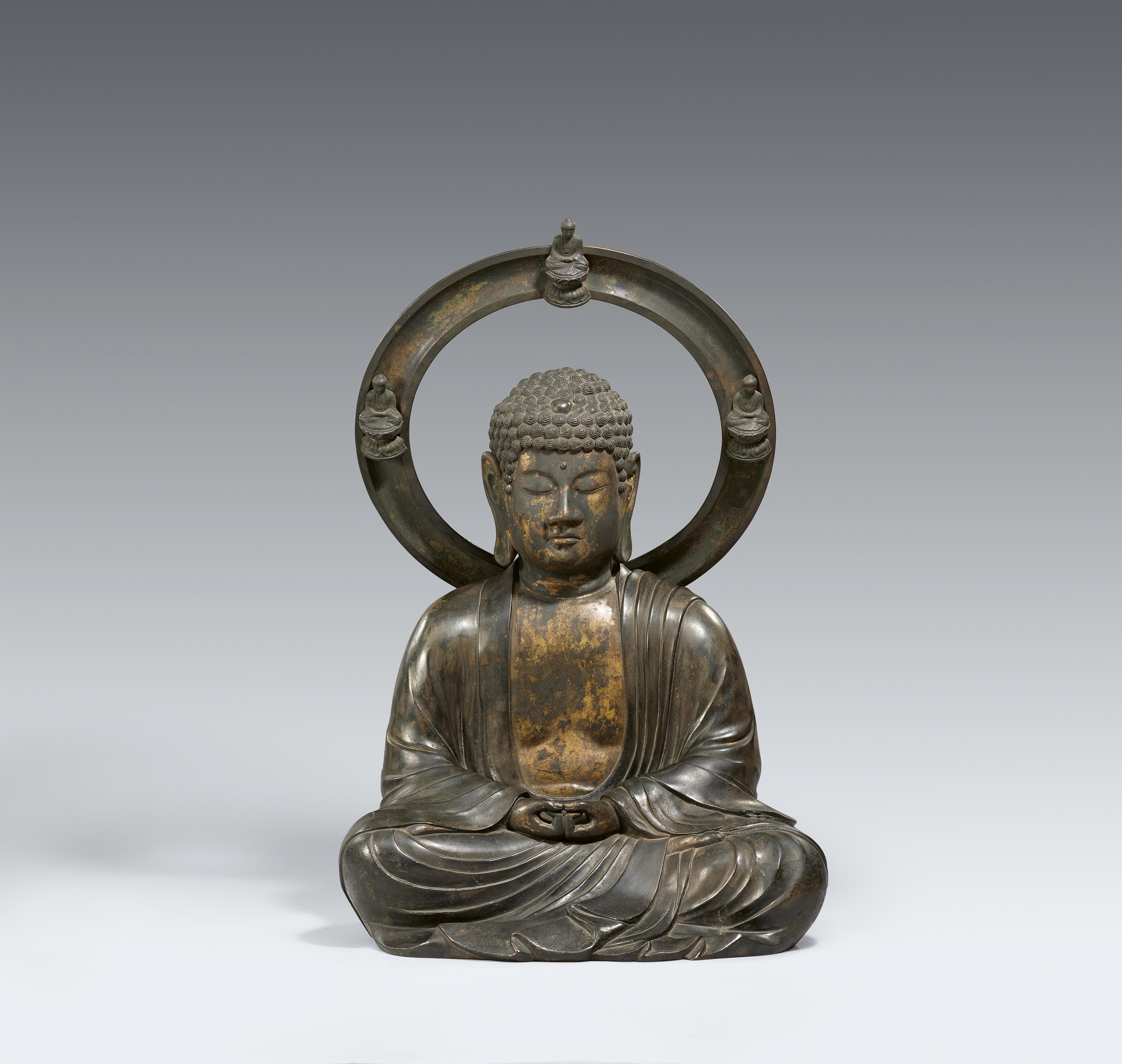 A large bronze figure of Buddha Amida Nyorai with halo. Bronze. Dated 1854 - image-1
