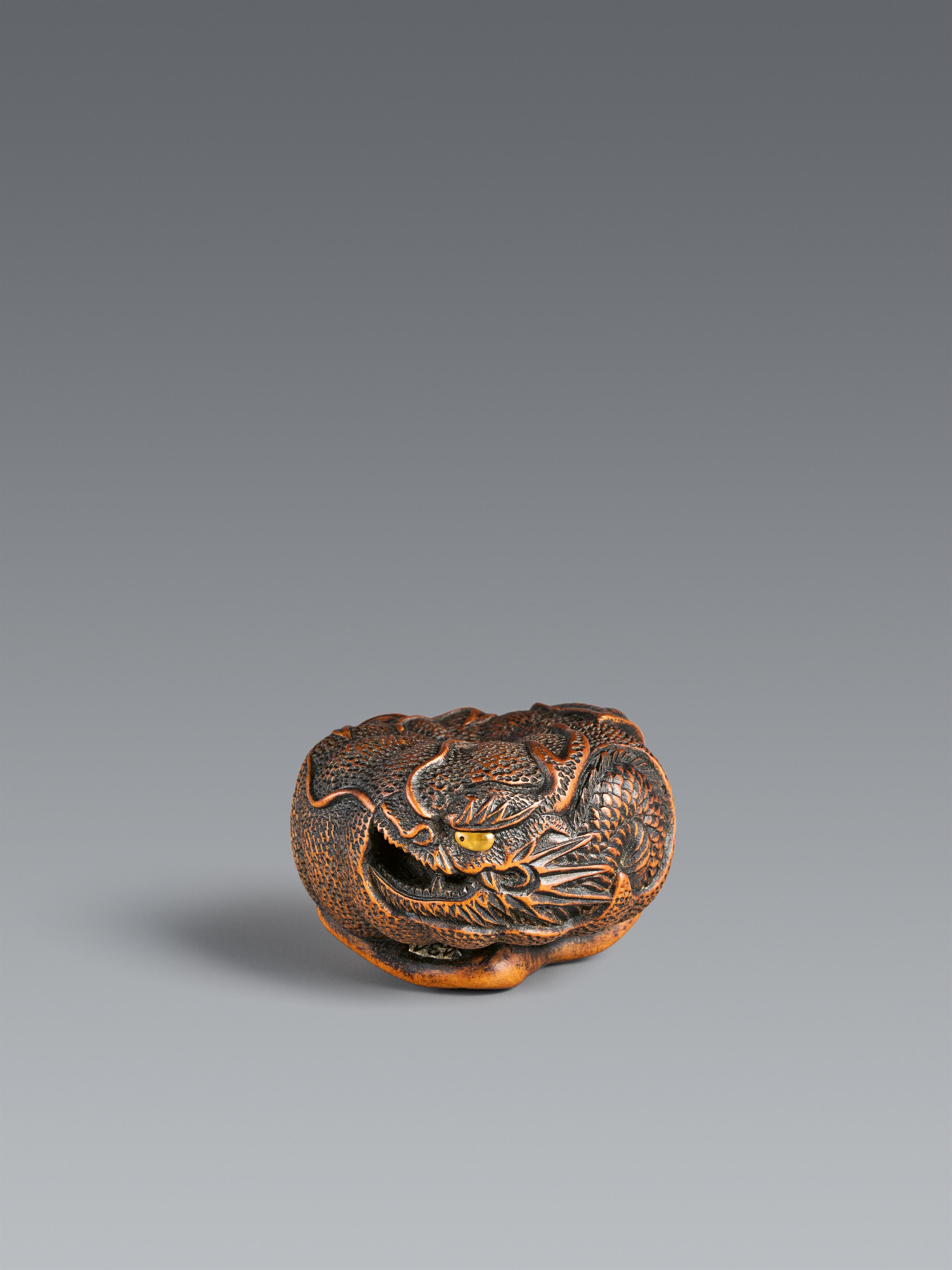 A Tanba boxwood netsuke of a dragon inside a mikan. Mid-19th century - image-1