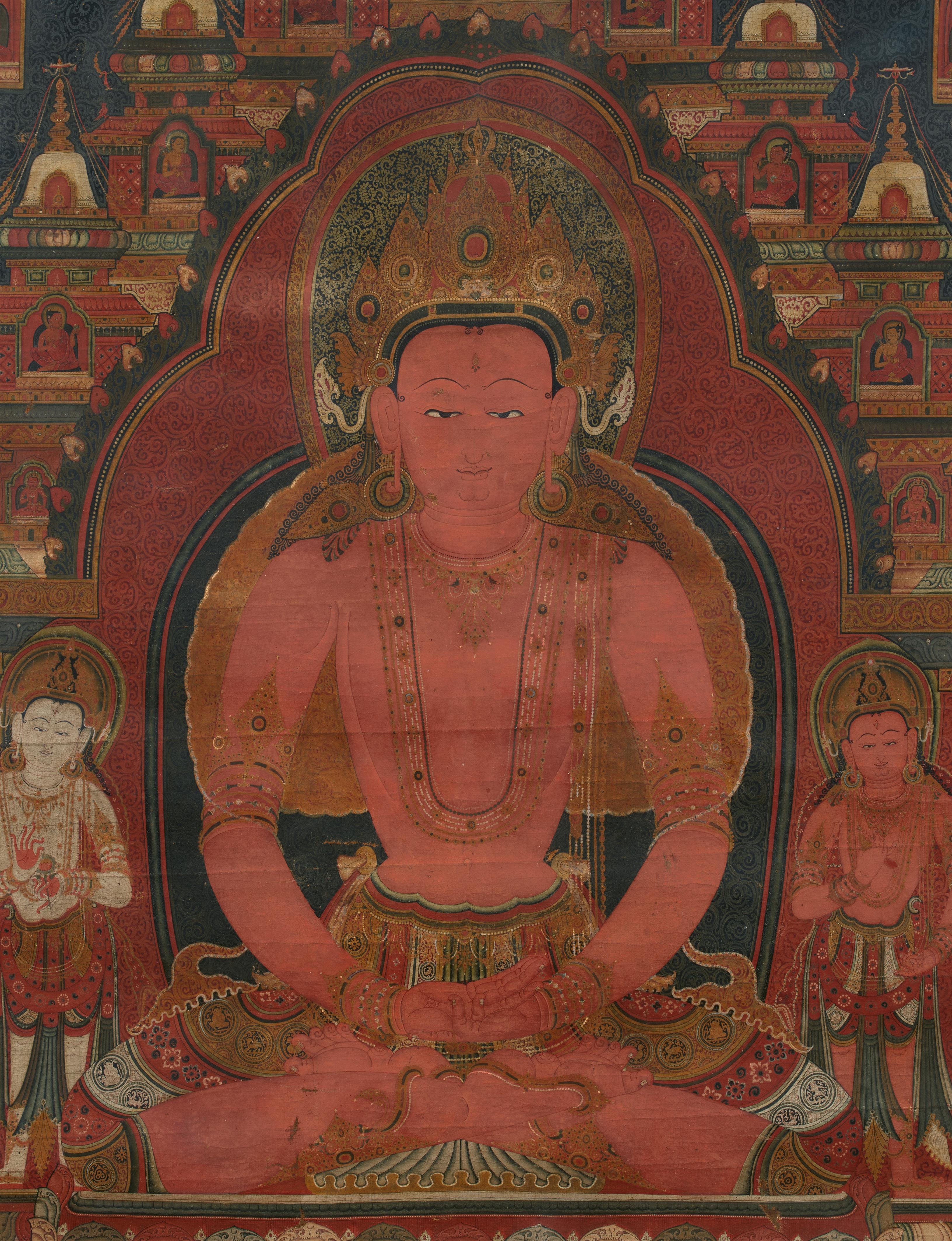 An impressive and fine Tibetan thangka of Buddha Amitabha. 16th century or earlier - image-2