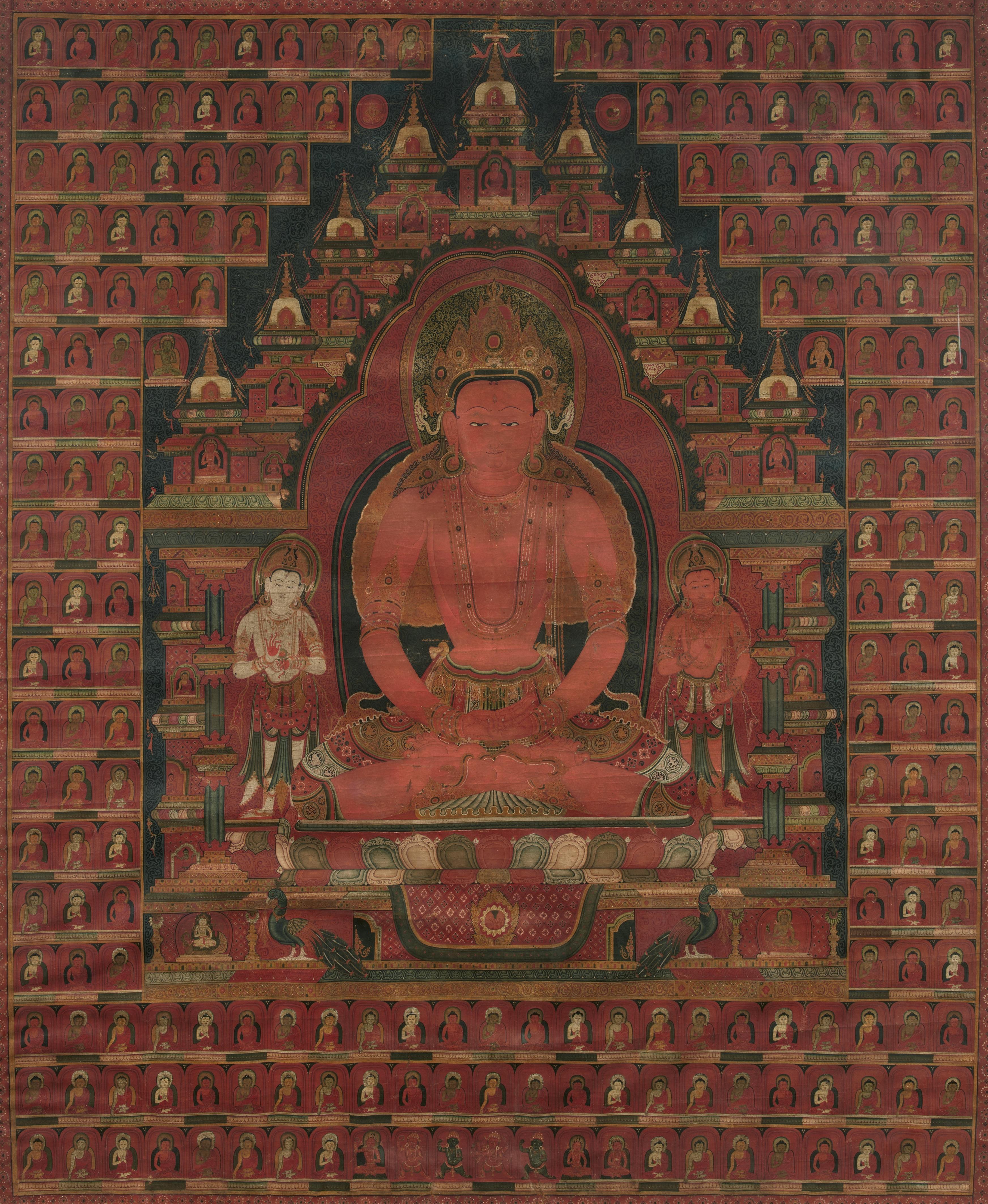 An impressive and fine Tibetan thangka of Buddha Amitabha. 16th century or earlier - image-1