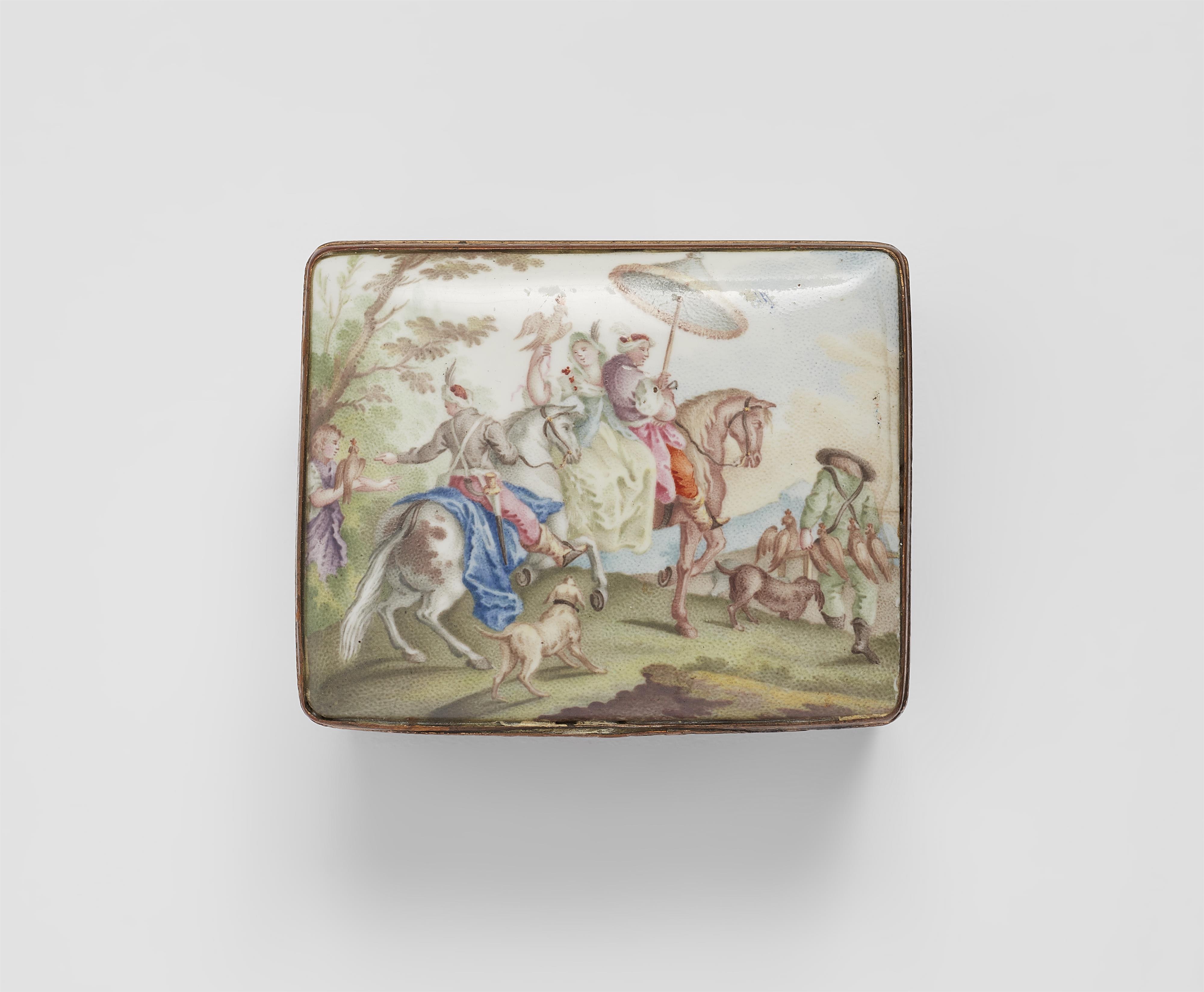 An enamelled tobacco box with a falcon hunt scene - image-1