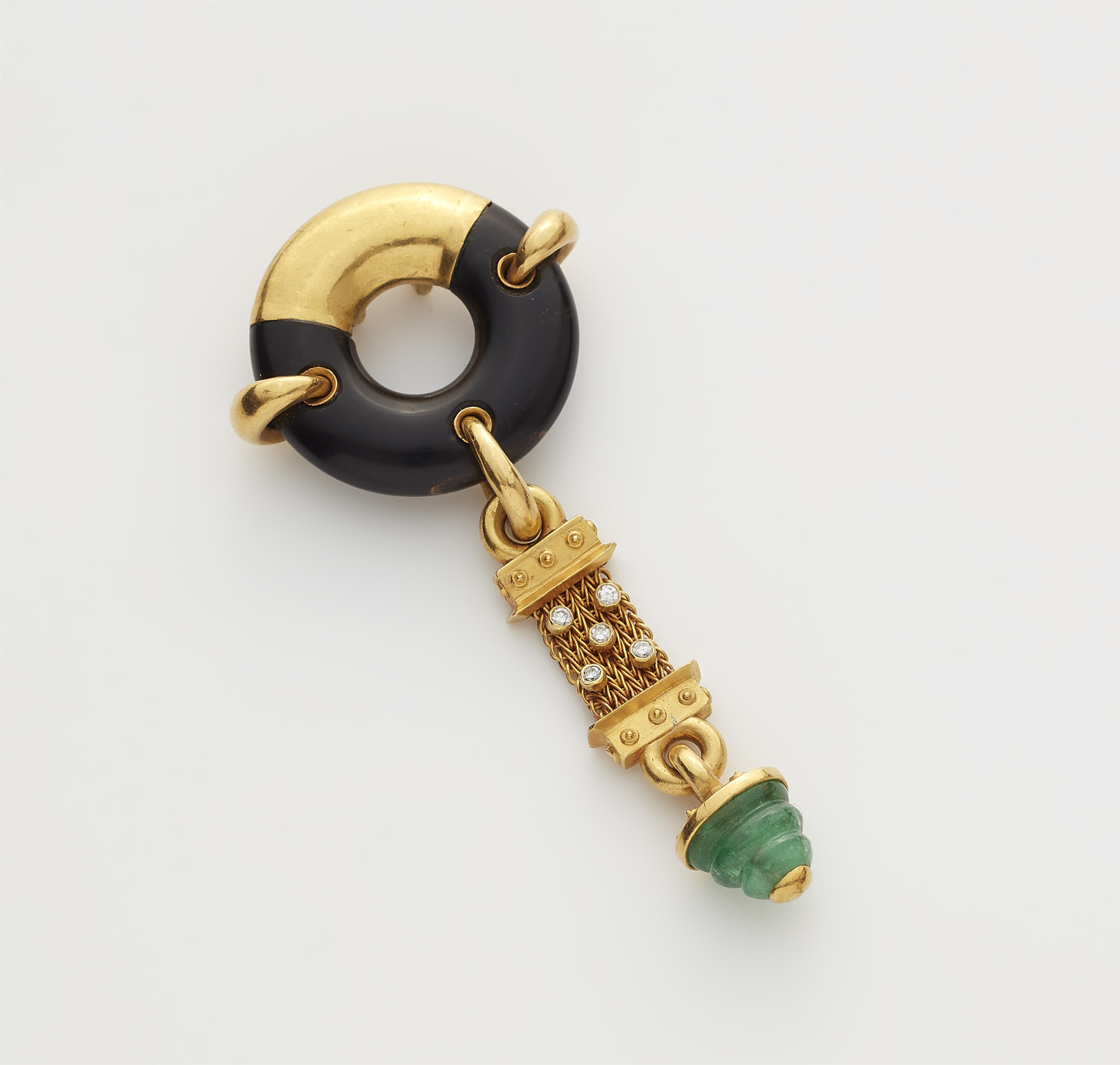 A German 18k gold ebony disc diamond and emerald pendant. - image-3