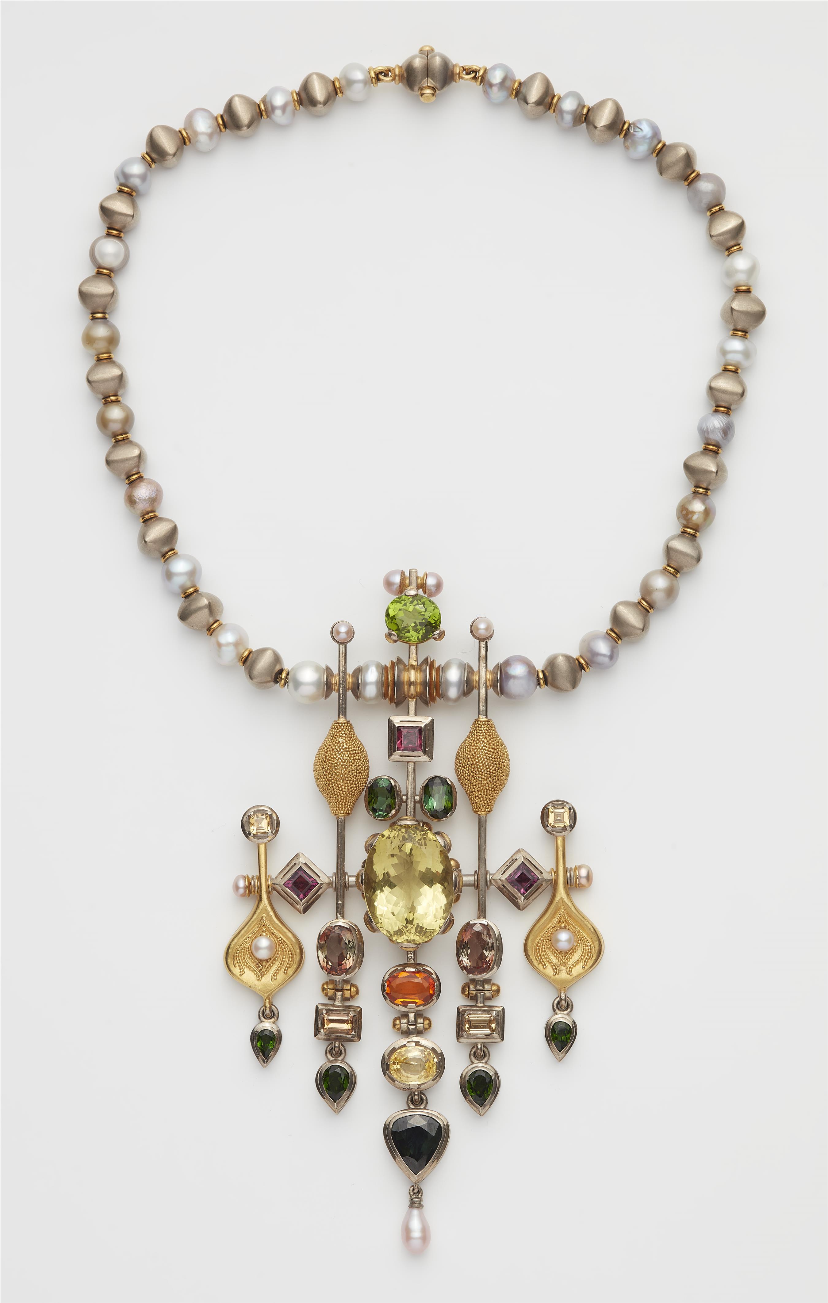 A German one of a kind coloured Biwa pearl necklace with a splendid large 18k gold pearl and coloured gemstone pendant. - image-1