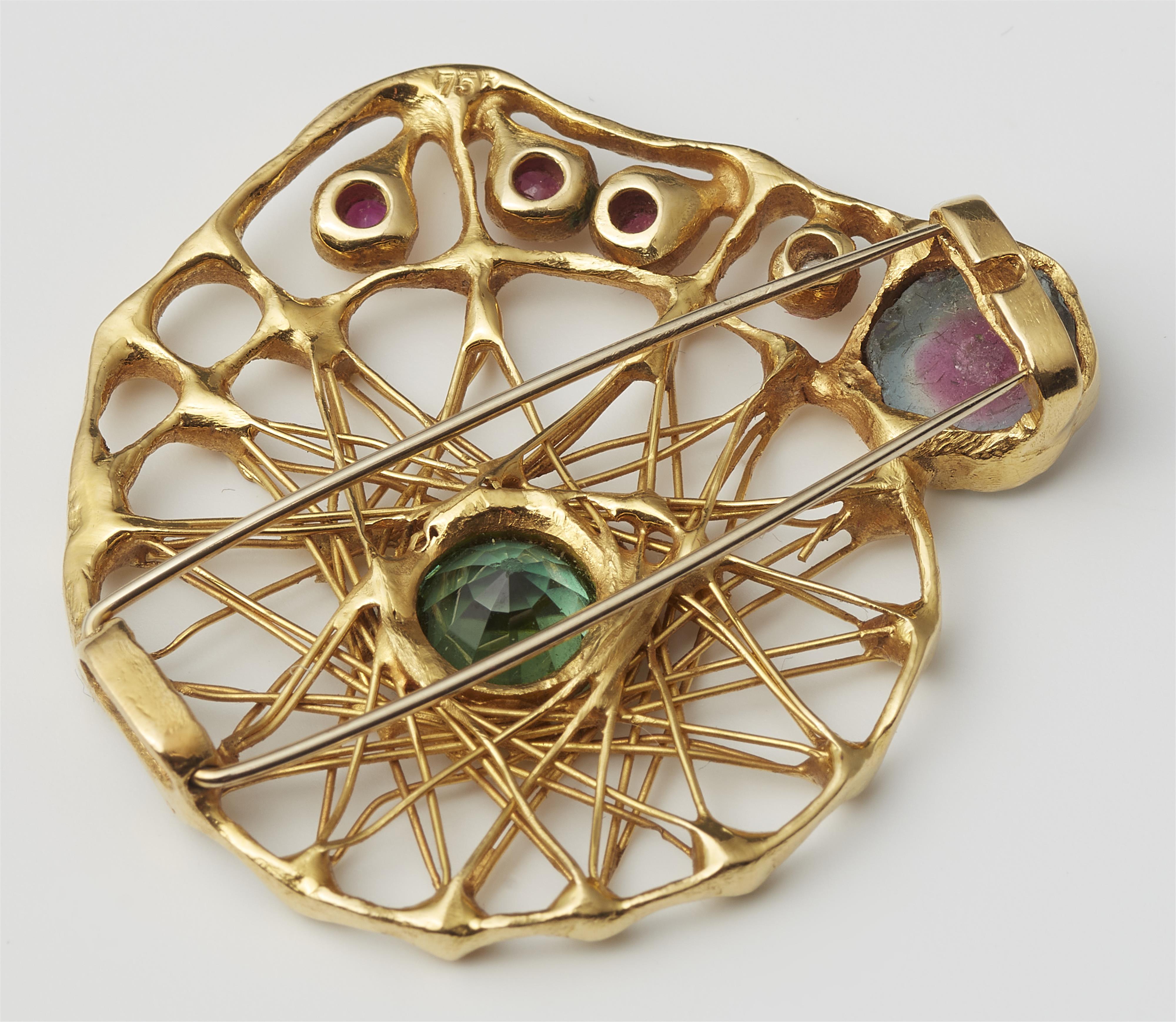 A German 14k gold, tourmaline, ruby and diamond brooch. - image-2