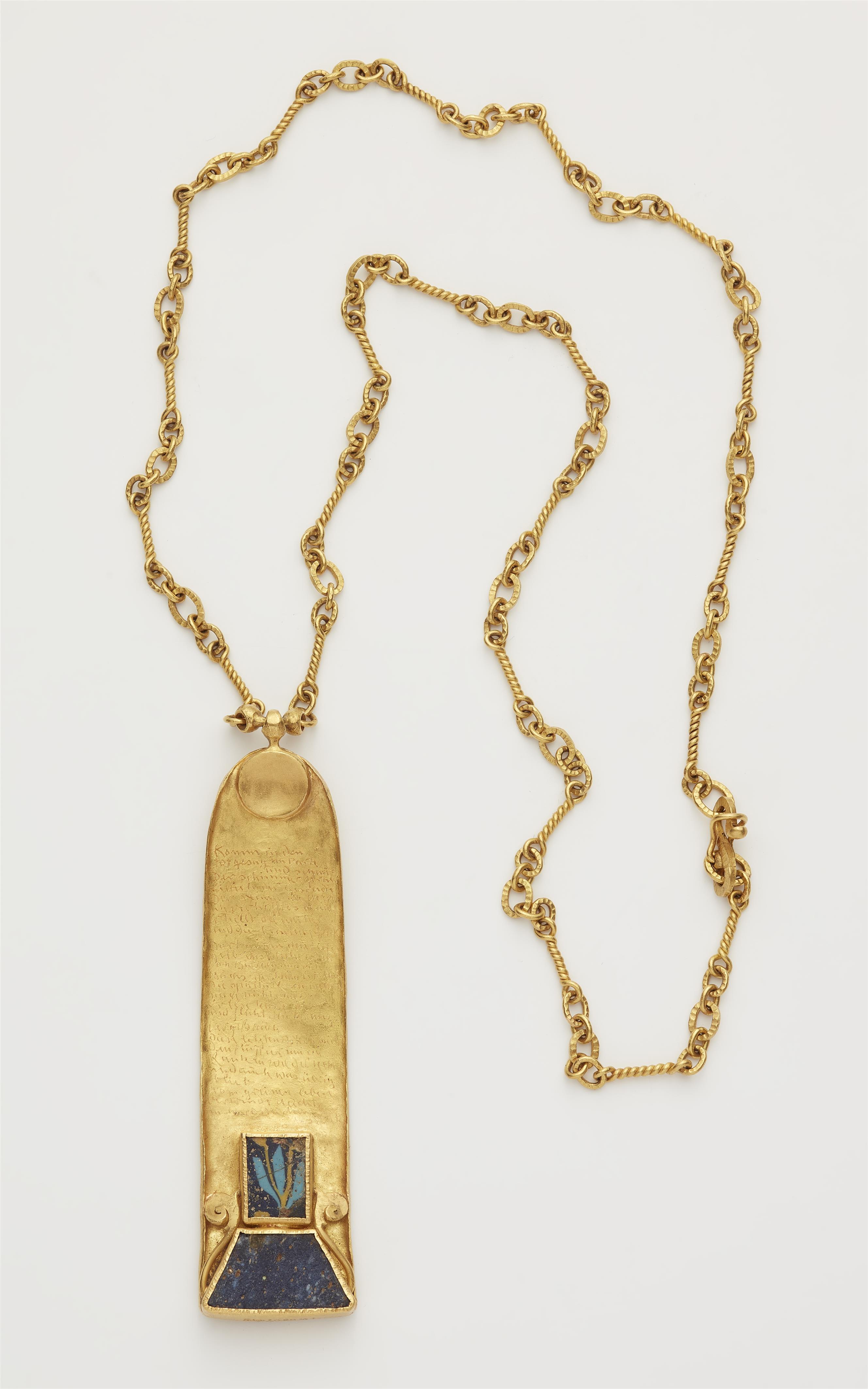 A German one of a kind 22k gold and ancient glass pendant necklace with engraved poem by Stefan George. - image-1