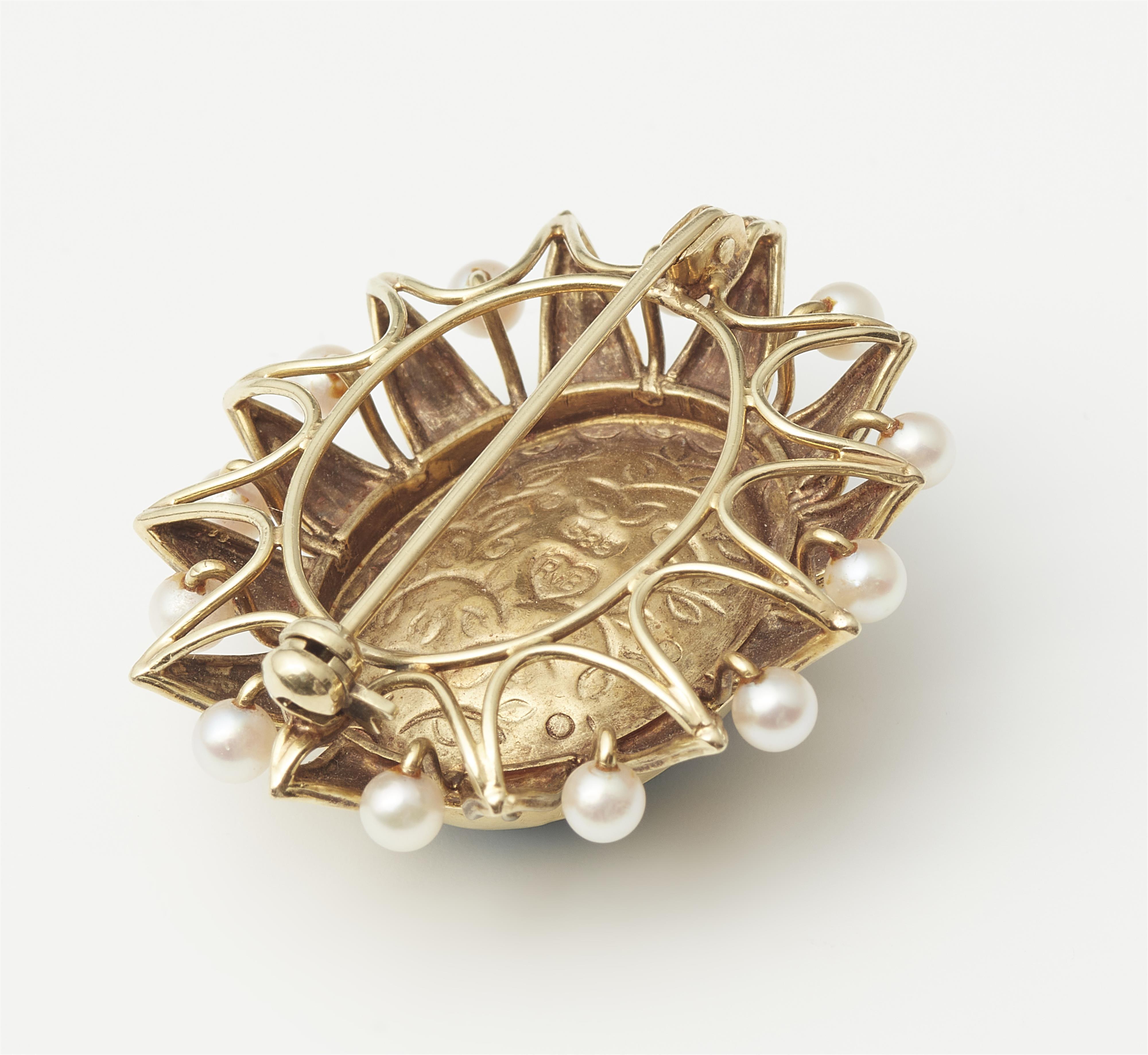 A German 14k gold pearl and opal sunflower brooch. - image-2