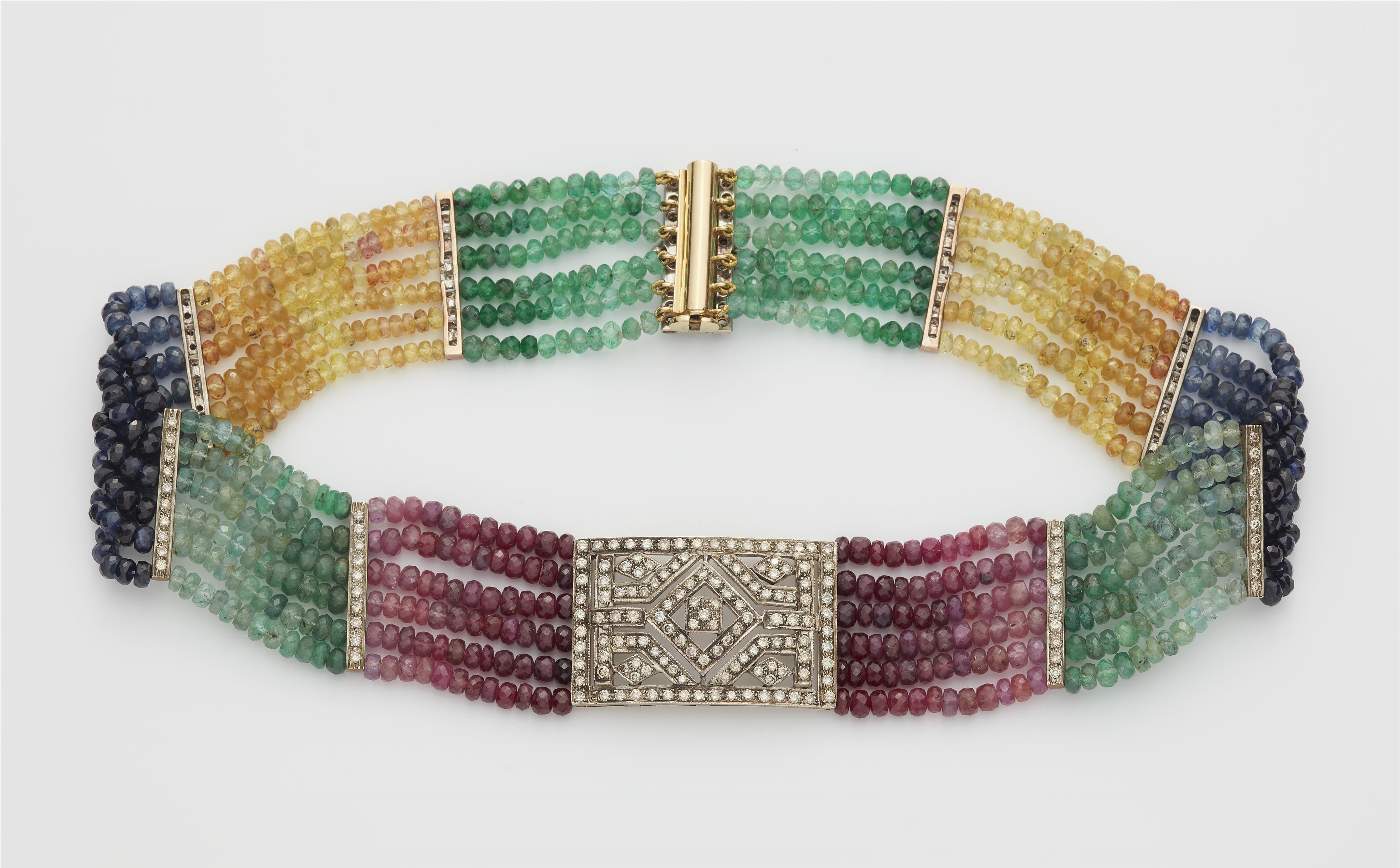 An Italian 18k gold silver and diamond choker with faceted sapphires in rainbow colours. - image-1