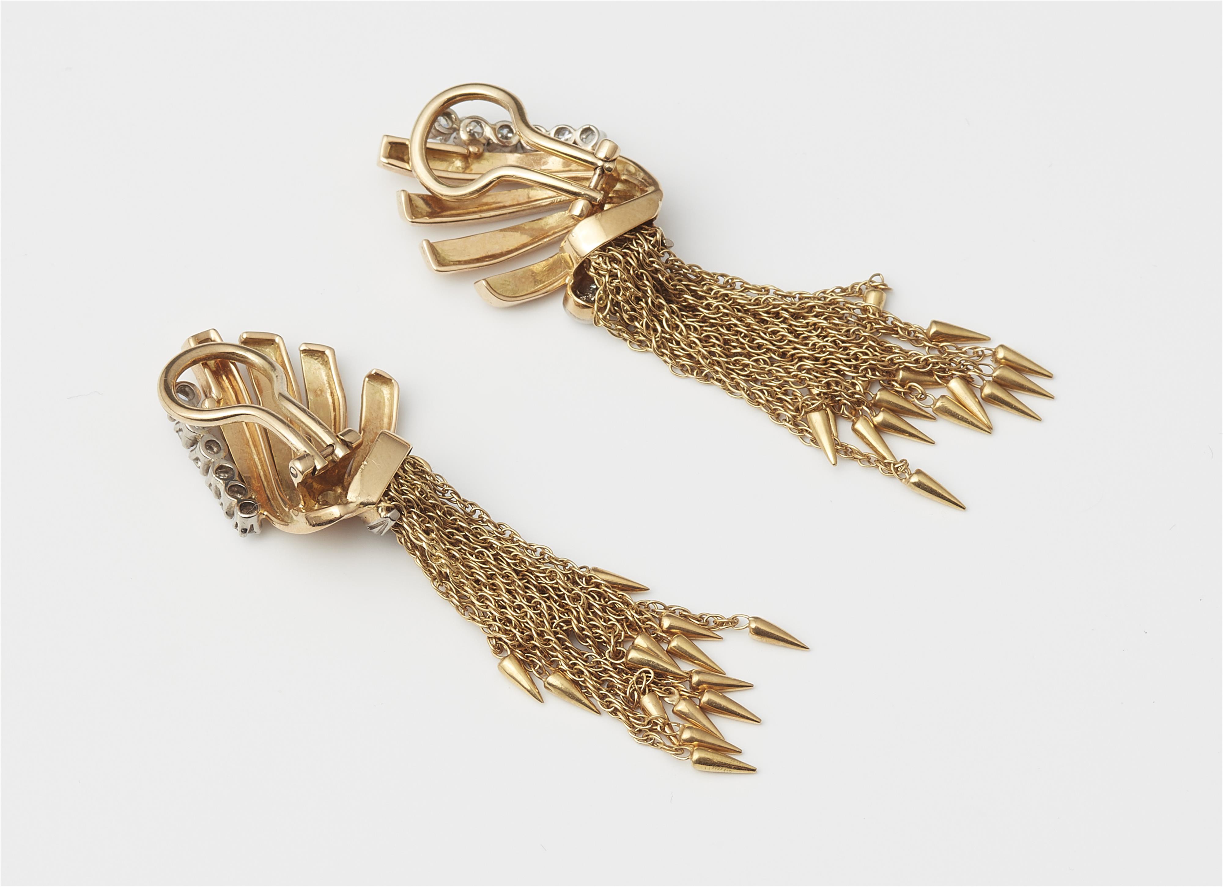 A German pair of 18k gold and diamond tassel clip earrings. - image-2