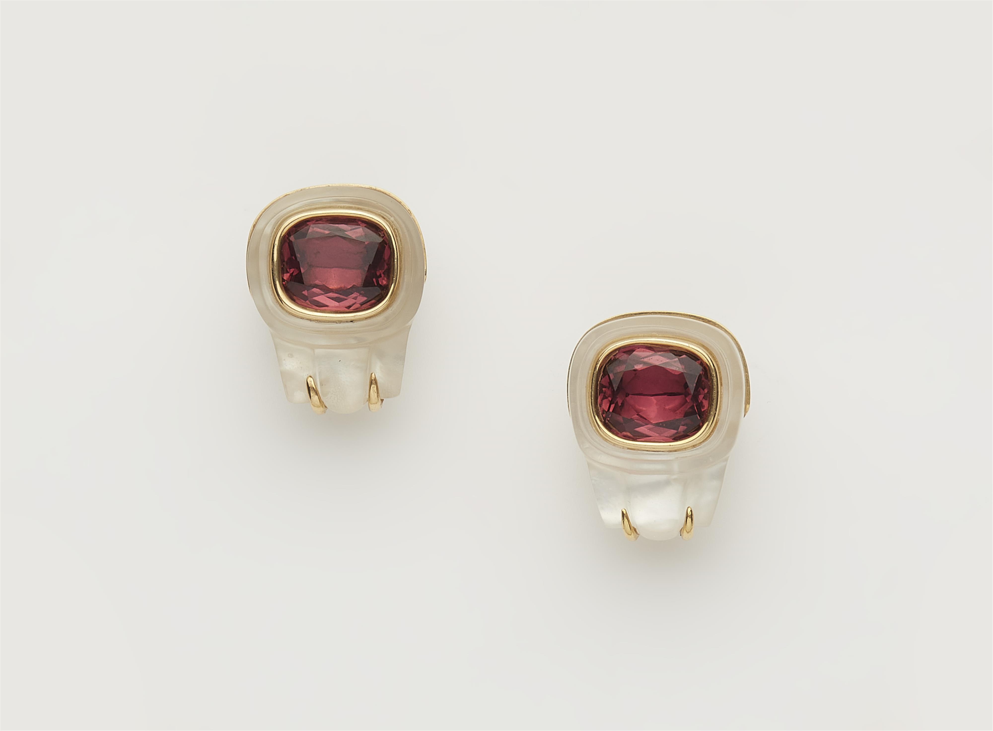 A pair of American 18k gold rock crystal and pink tourmaline clip earrings. - image-1
