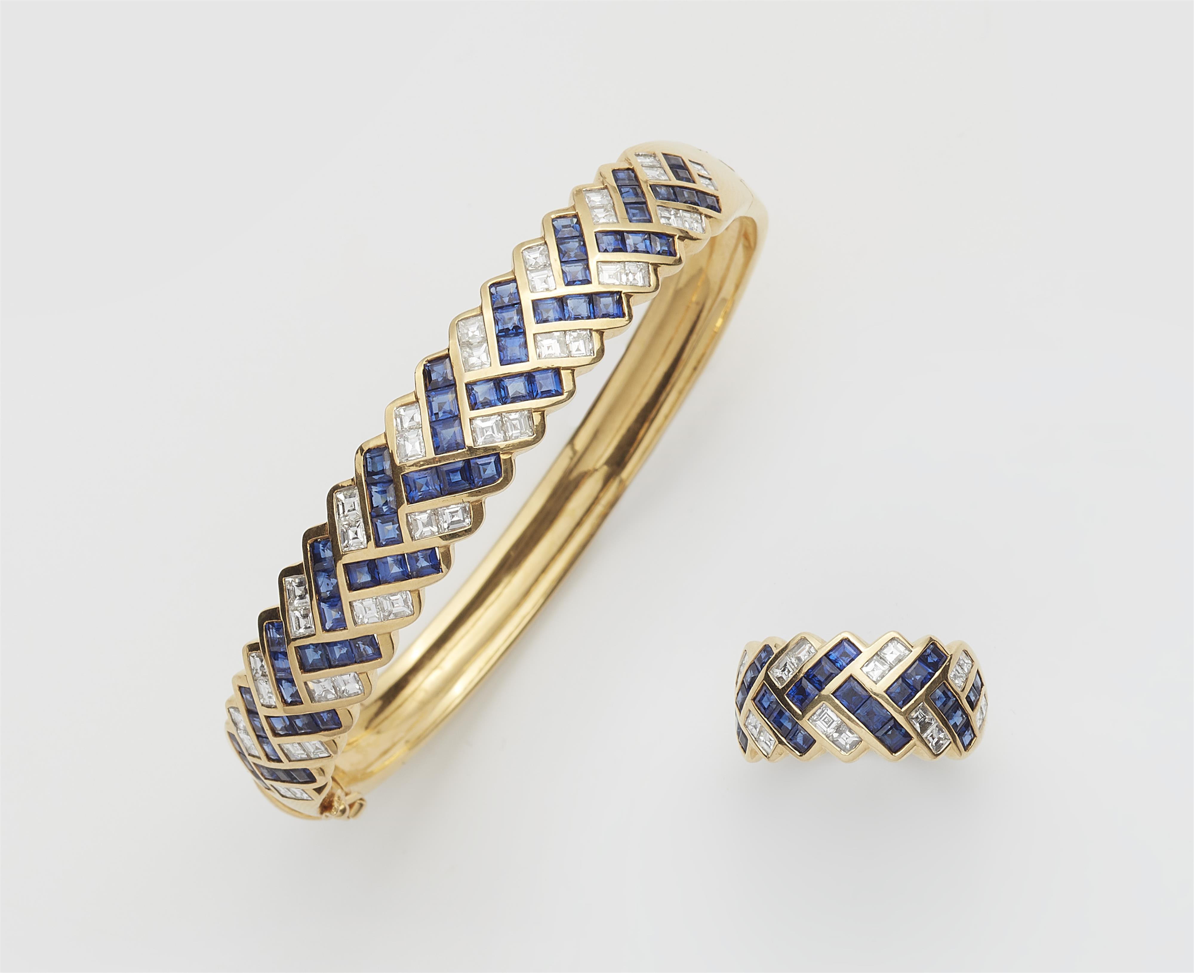A German 18k gold sapphire and diamond bangle and ring. - image-1