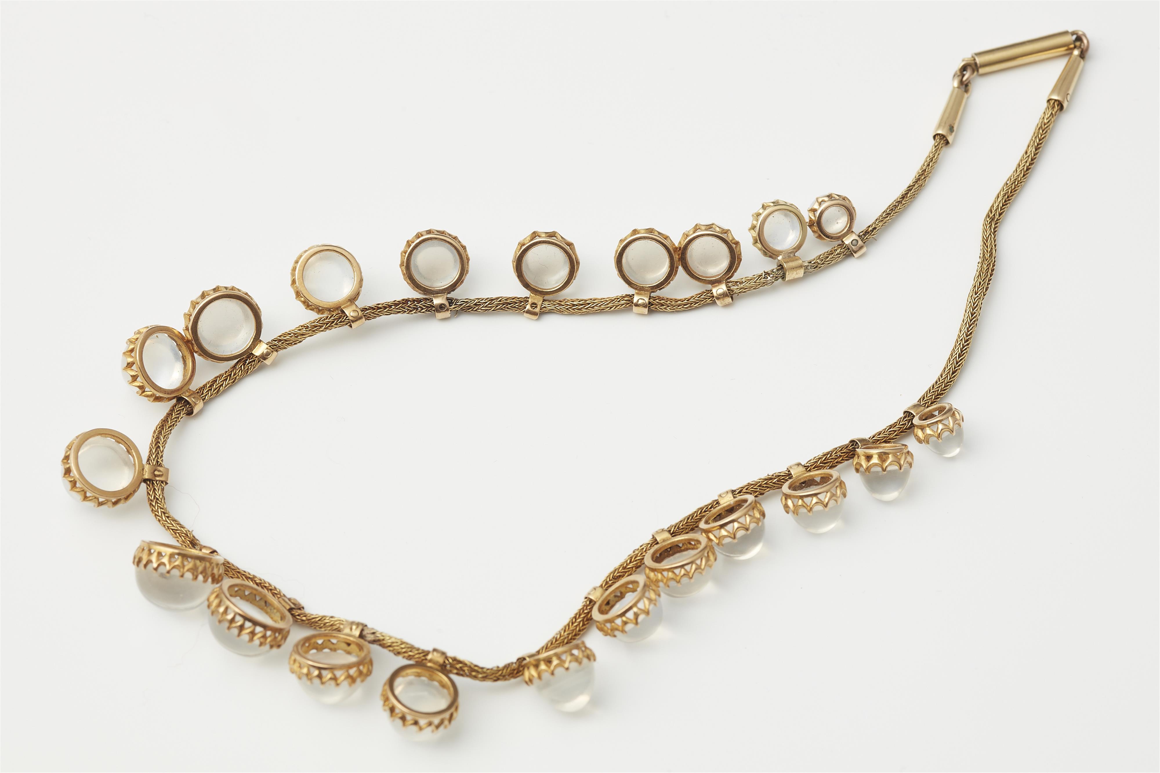 An Edwardian probably 9k gold and moonstone cabochon fringe necklace. - image-2