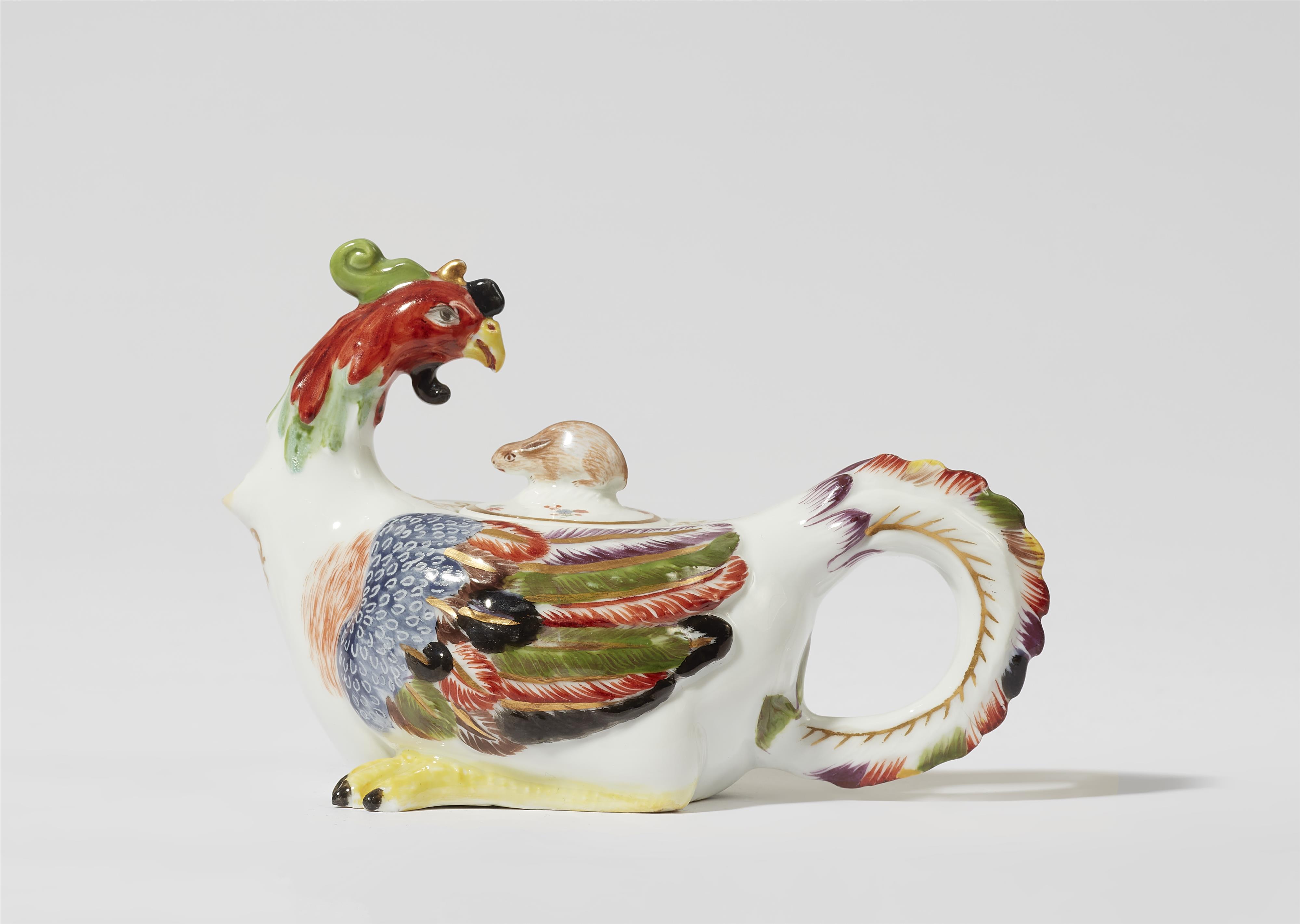 A Meissen porcelain cockerel teapot with hare finial - image-1
