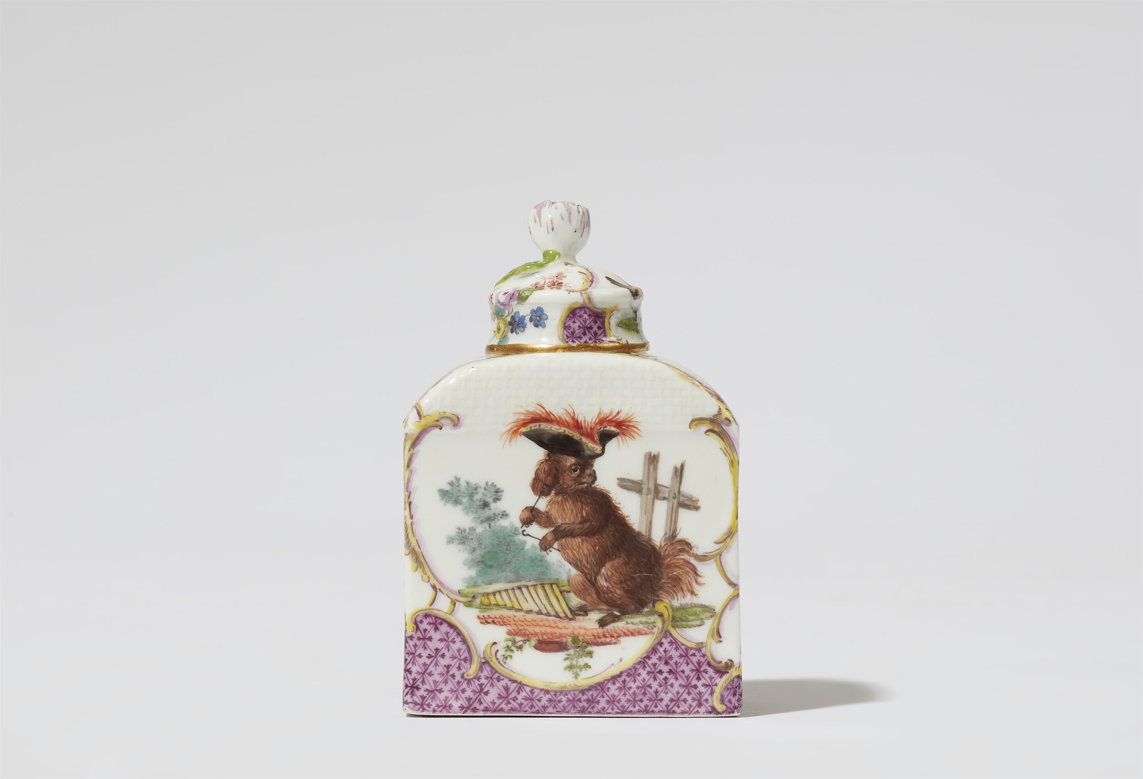 A Meissen porcelain tea caddy with a dog in a costume and poultry - image-1