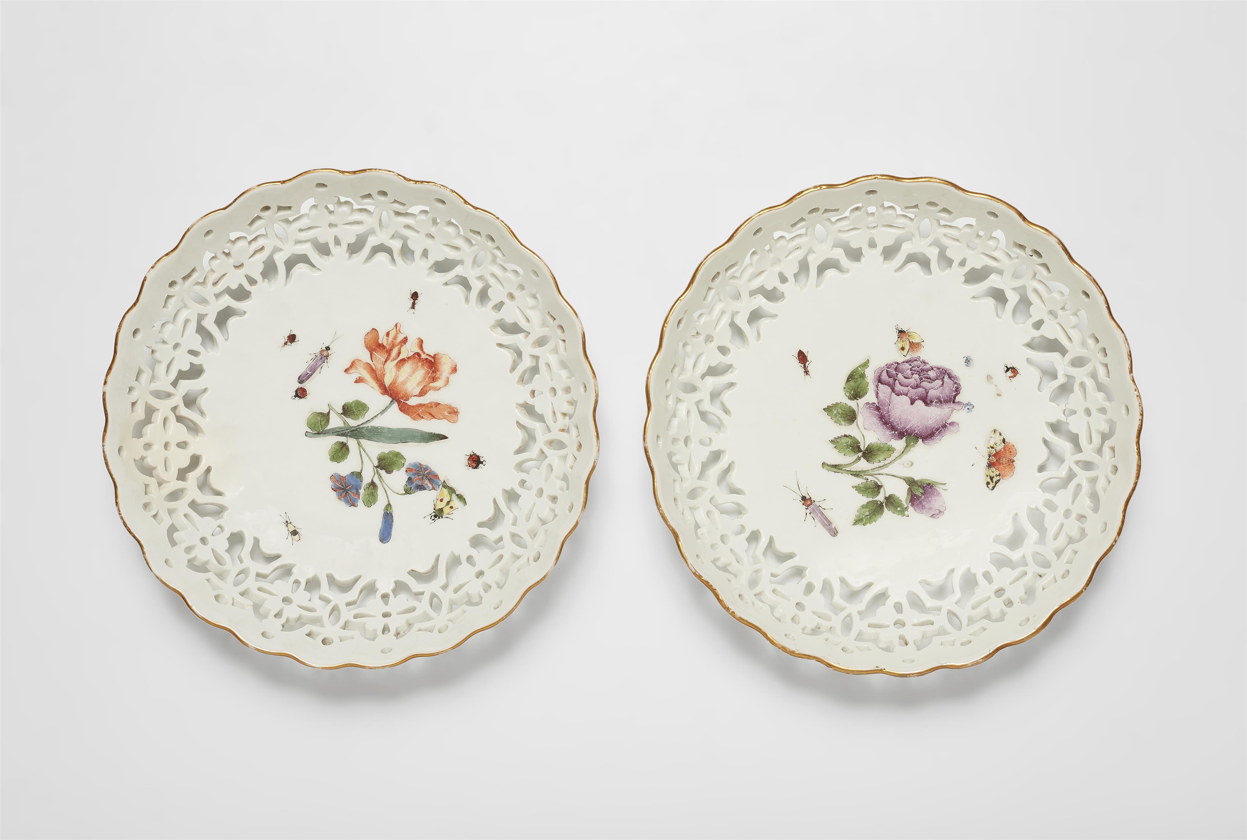 A pair of Meissen porcelain dessert baskets with woodcut style flowers and insects - image-1