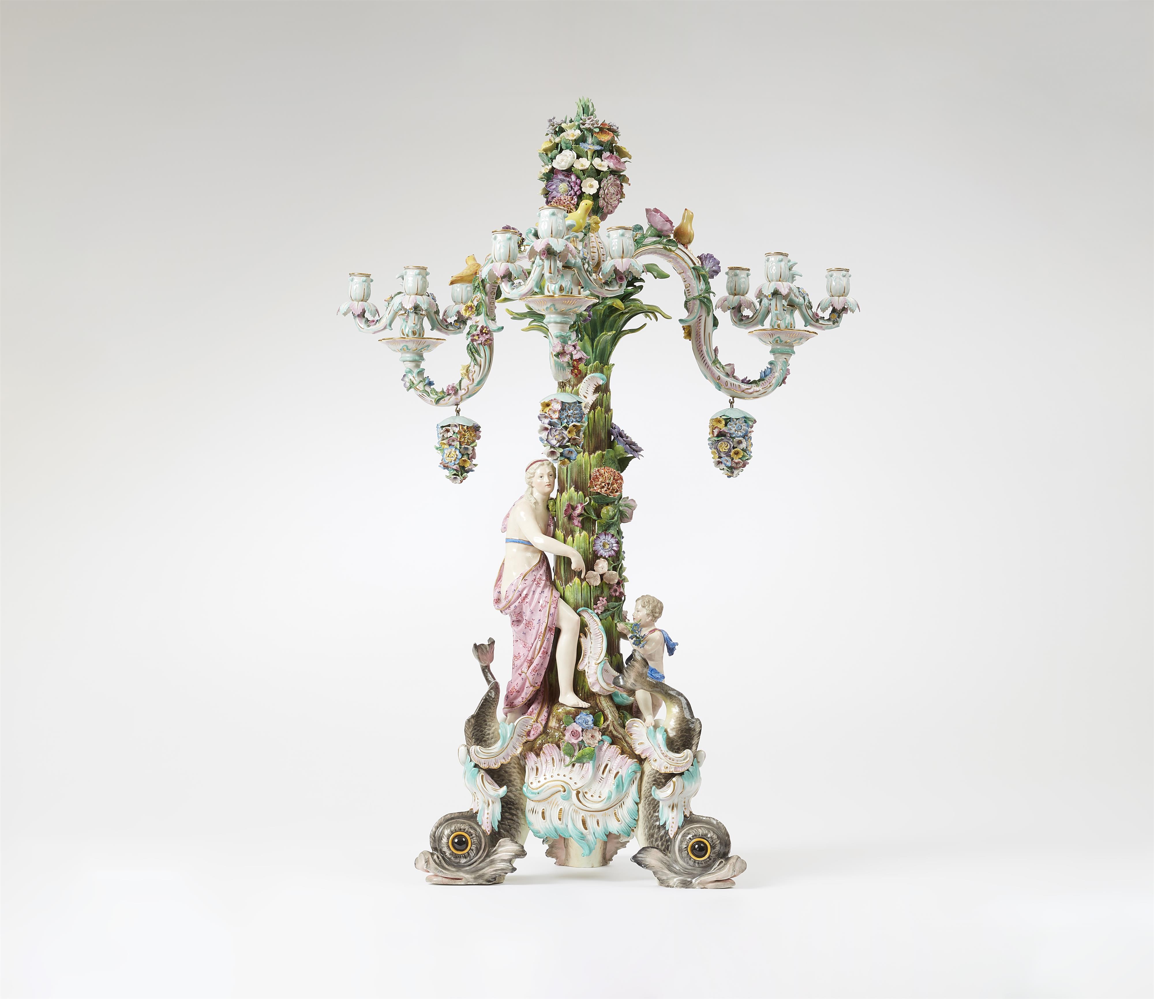 A large Meissen porcelain candelabra on dolphin supports - image-1