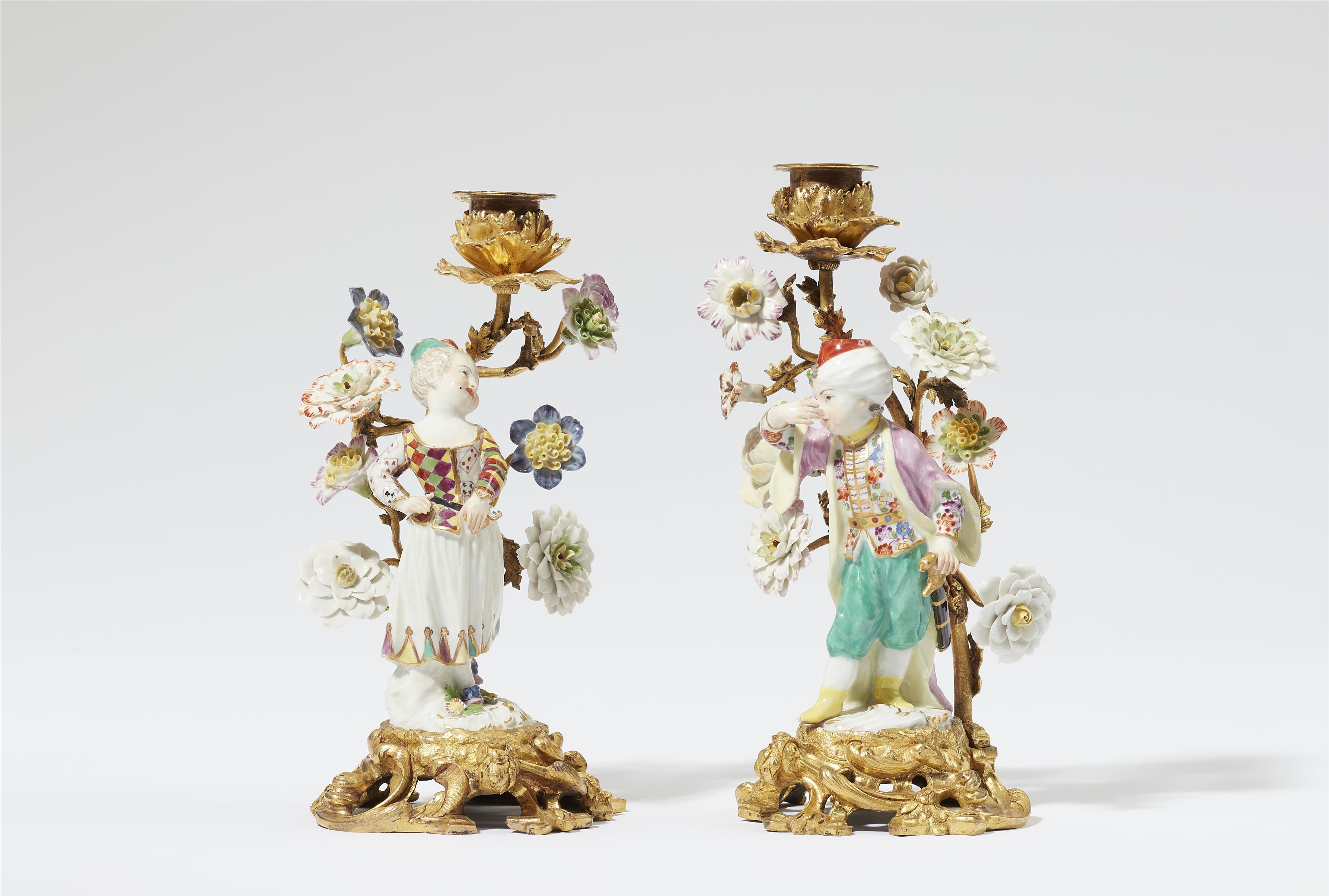 A pair of ormolu candlesticks mounted with Meissen porcelain figures of children in costumes - image-1