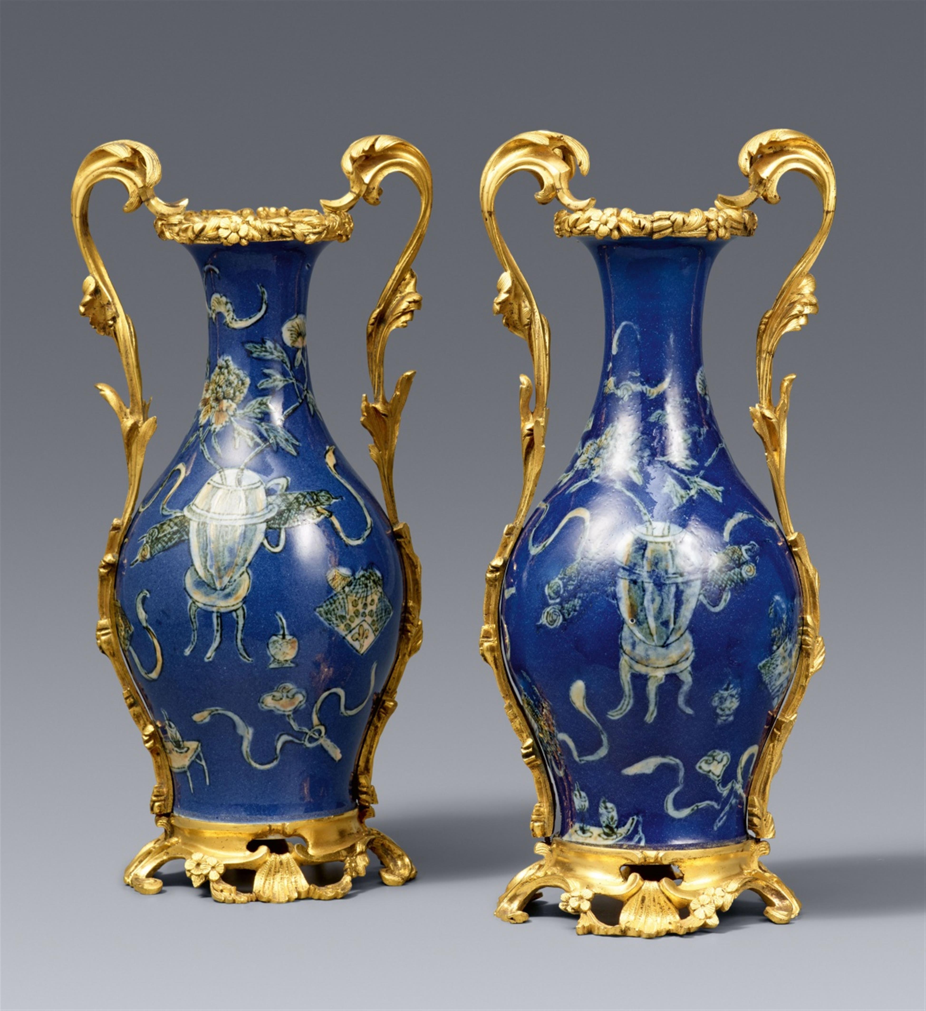 A pair of outstanding Louis XV ormolu-mounted powder-blue Chinese porcelain vases - image-1