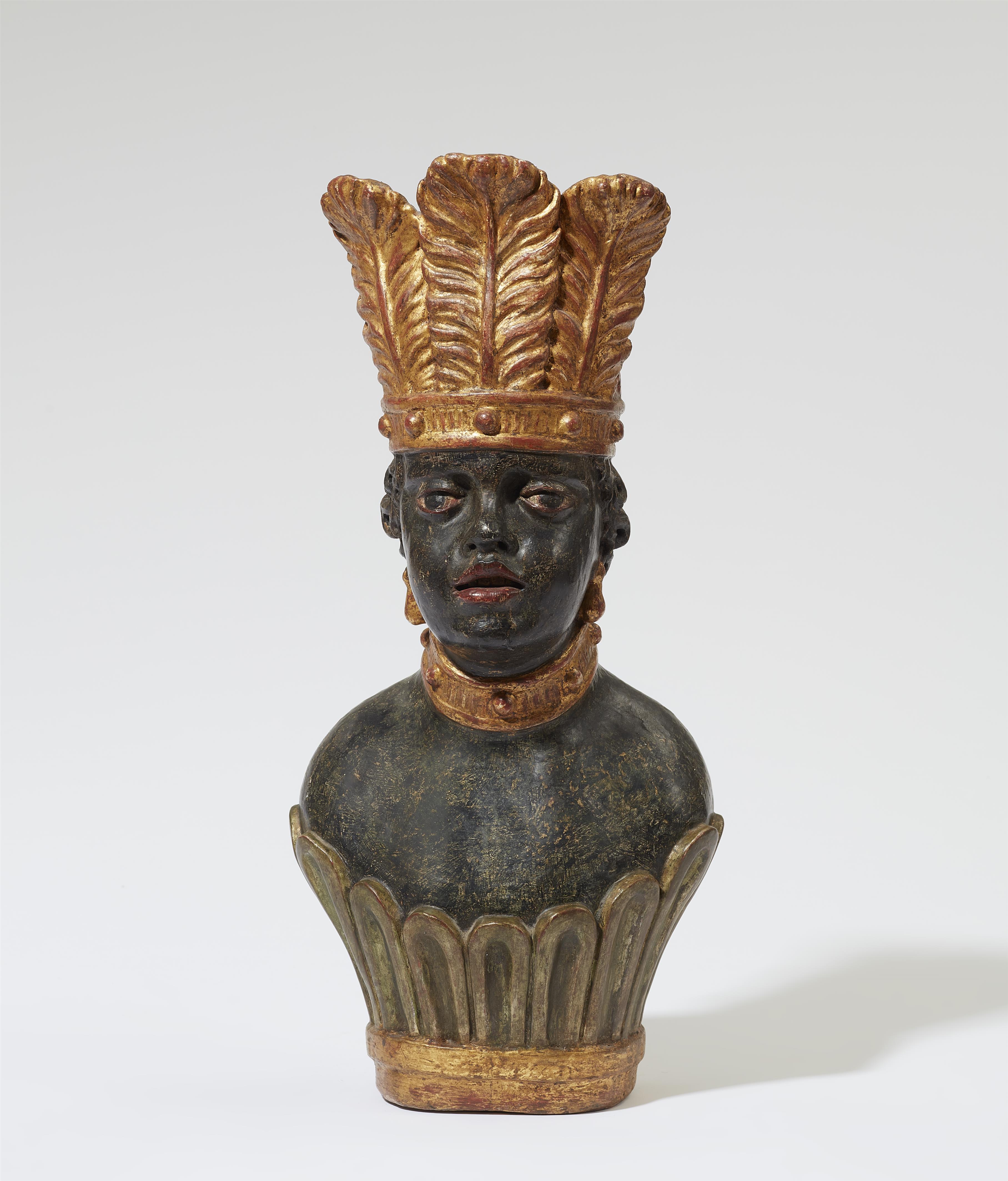 A carved softwood bust with a feather headdress - image-1