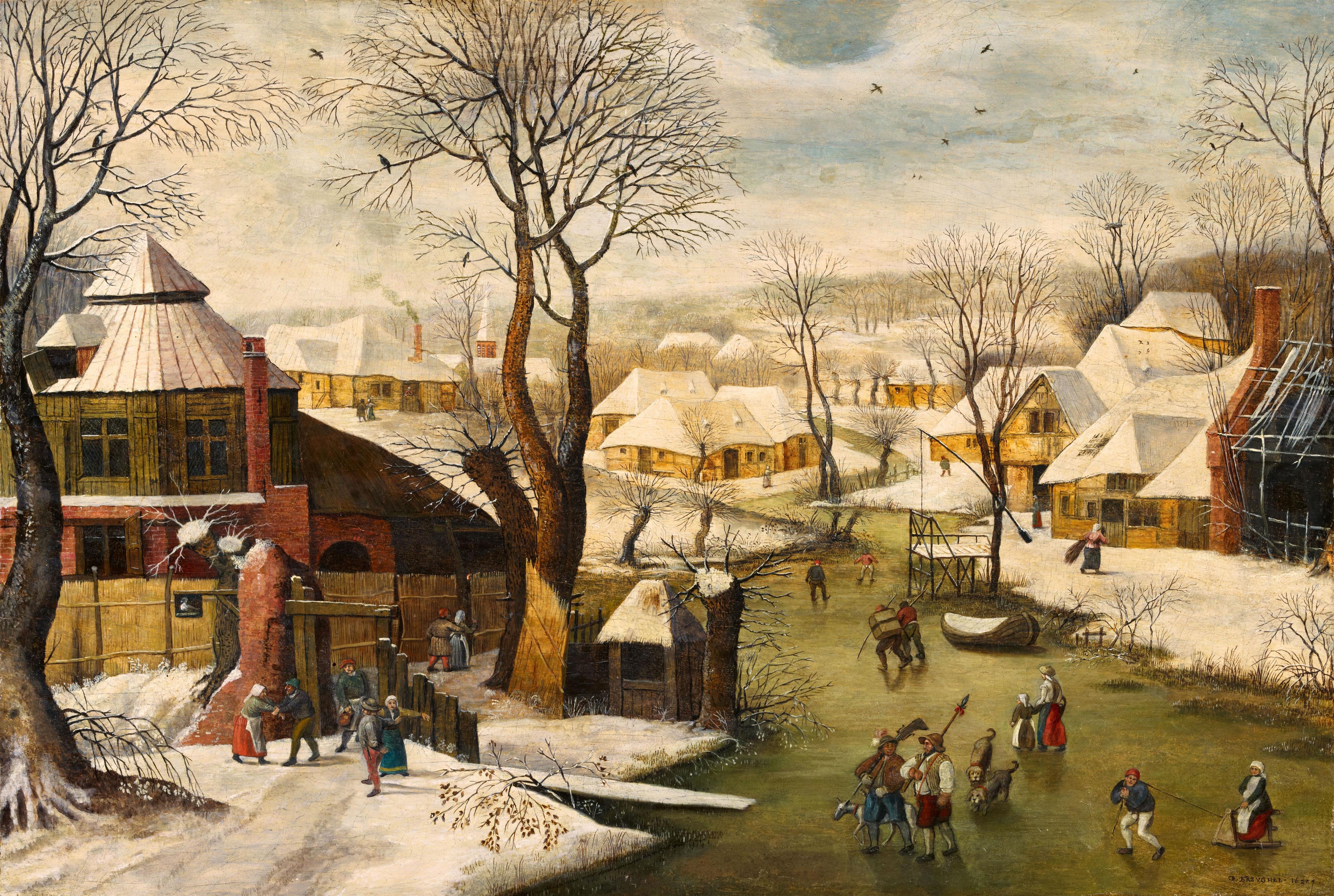Pieter Brueghel the Younger - Winter Village Landscape with "The Swan" Tavern - image-1