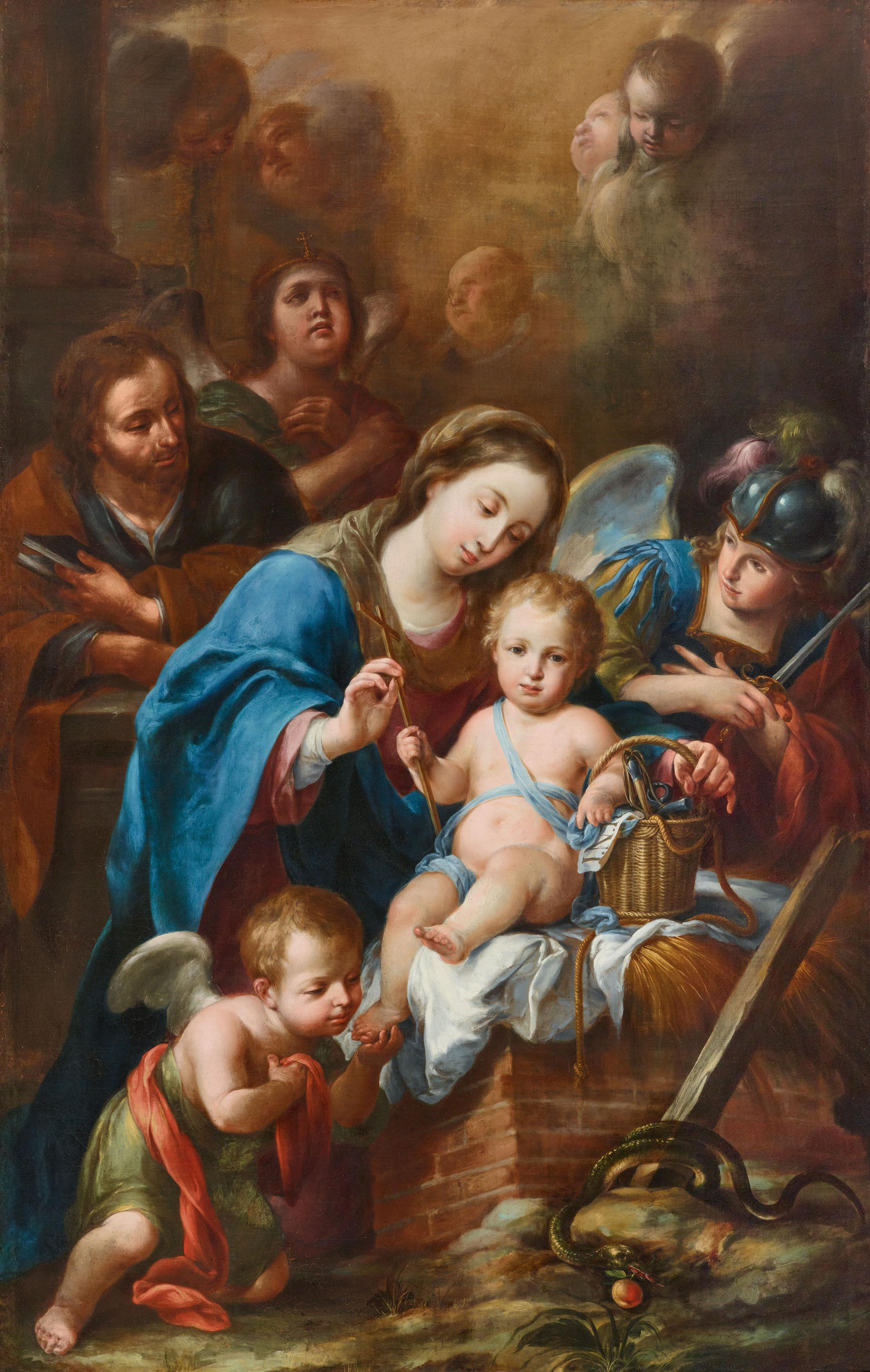 Spanish School 17th Century - The Holy Family with archangel - image-1