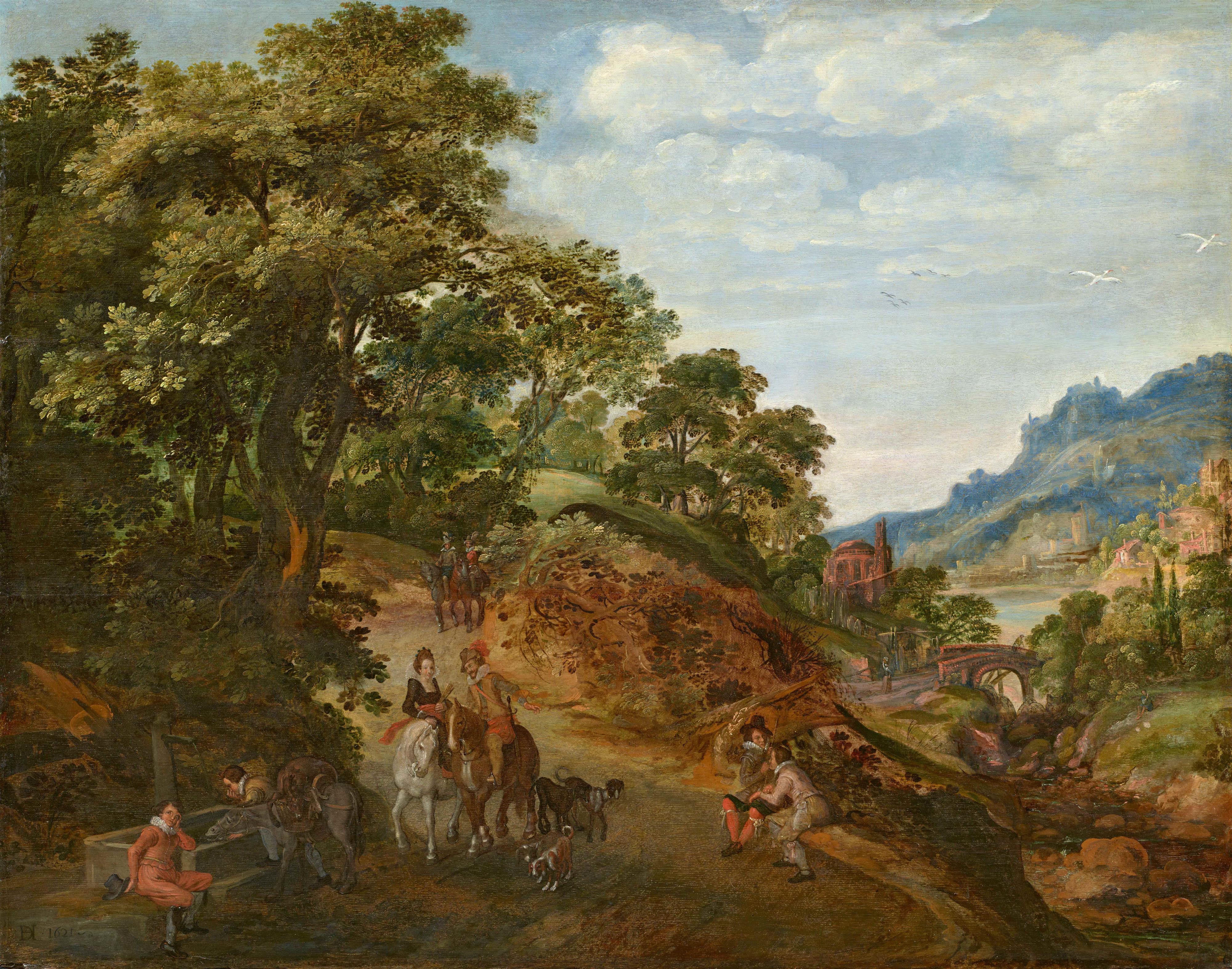 Gillis de Hondecoeter - Southern Landscape with Horsmen and Resting Travellers - image-1