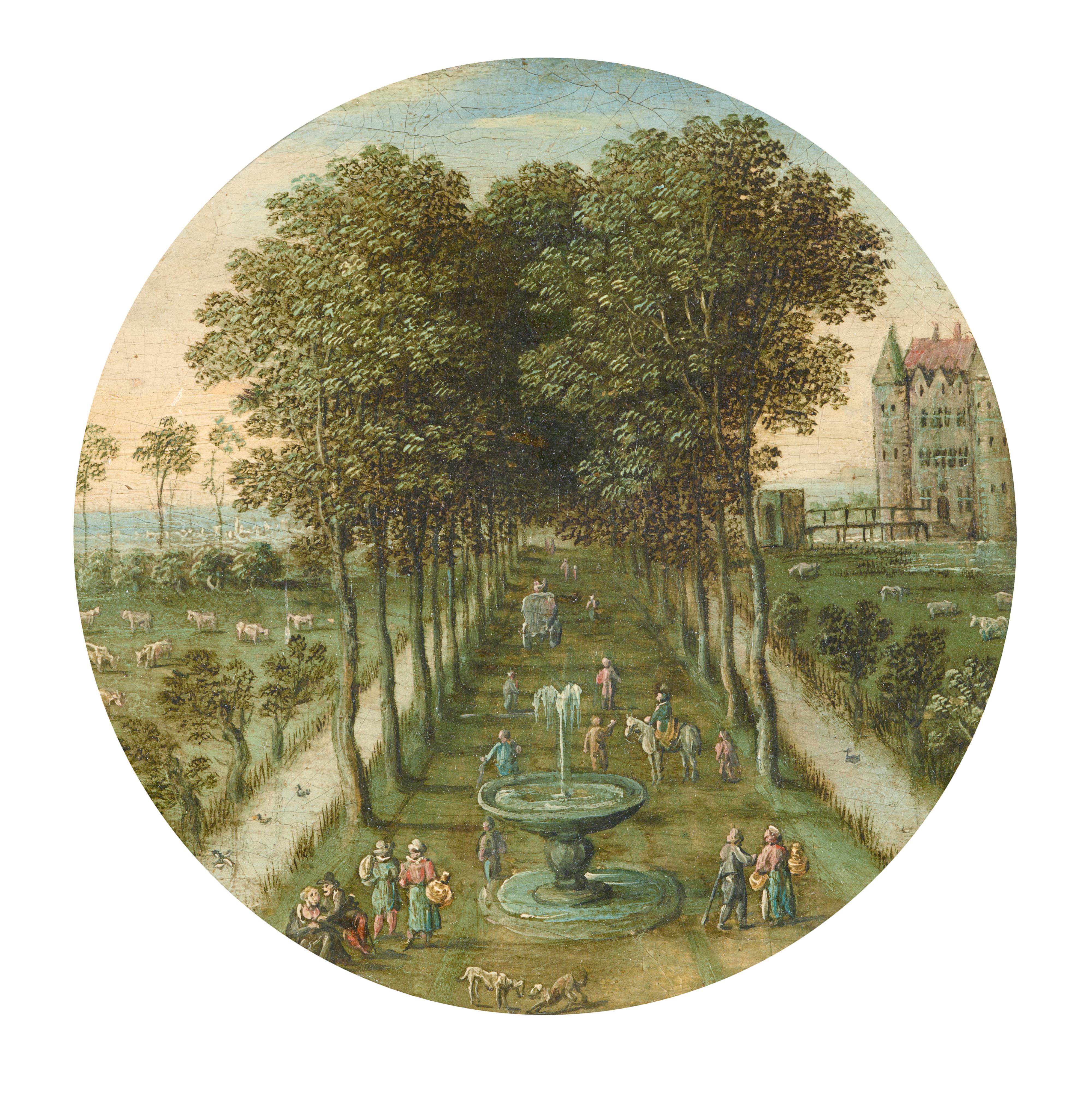 Maerten Rijkaert - Pair of tondos: Tree-Lined Path with Figures and a Moated Castle in the Background (Allegory of Summer), Snowy Village Square with Figures and a Bridge in the Foreground (Allegory of Winter) - image-1