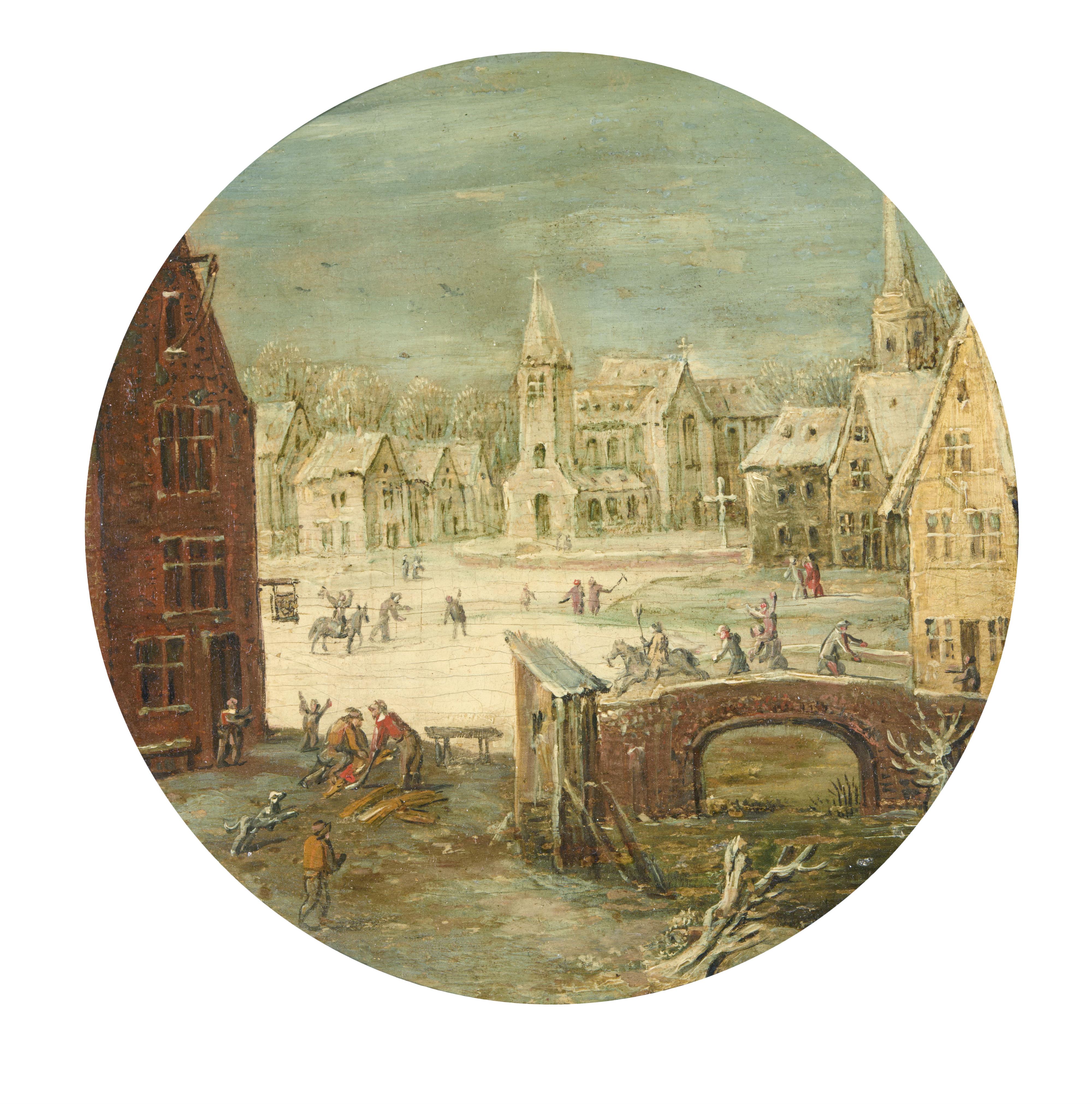 Maerten Rijkaert - Pair of tondos: Tree-Lined Path with Figures and a Moated Castle in the Background (Allegory of Summer), Snowy Village Square with Figures and a Bridge in the Foreground (Allegory of Winter) - image-2