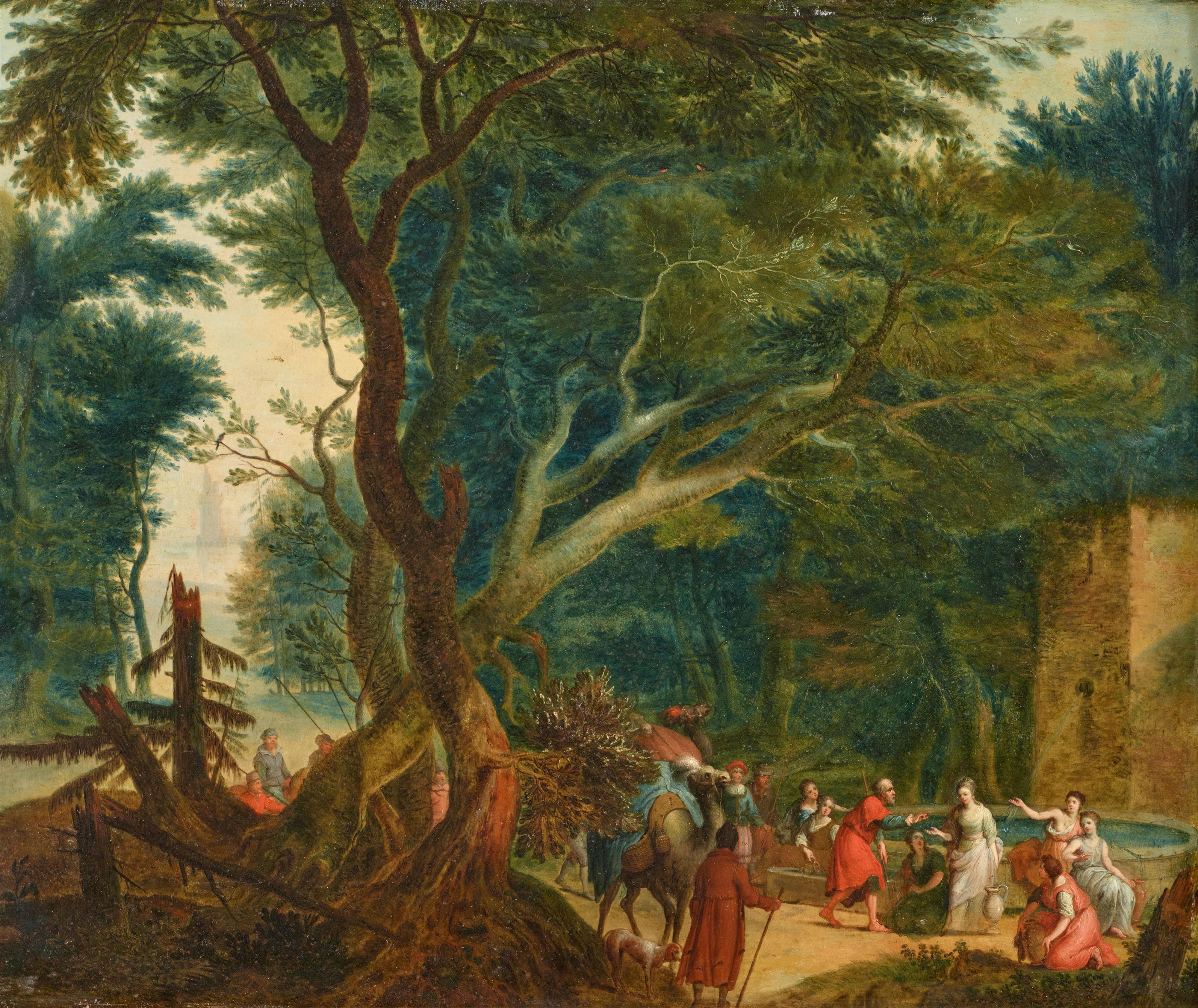 Adriaen van Stalbemt - Rebecca and Eliezer at the fountain in a wooded landscape - image-1