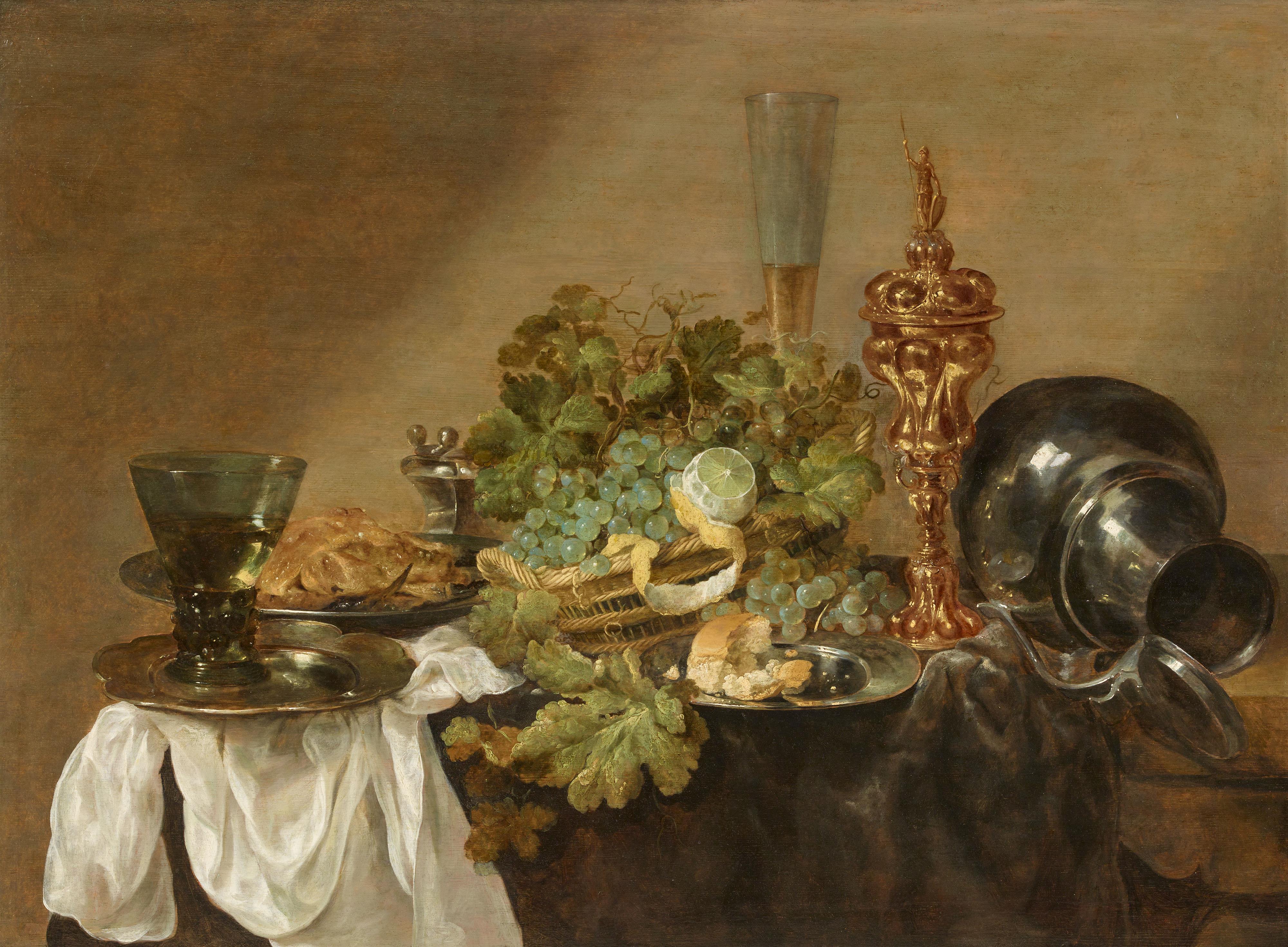 Abraham van Beijeren - Stillleben mit Trauben, Zitronen, Brot, einem Römer und einem vergoldeten Pokal auf einer Tafel - image-1